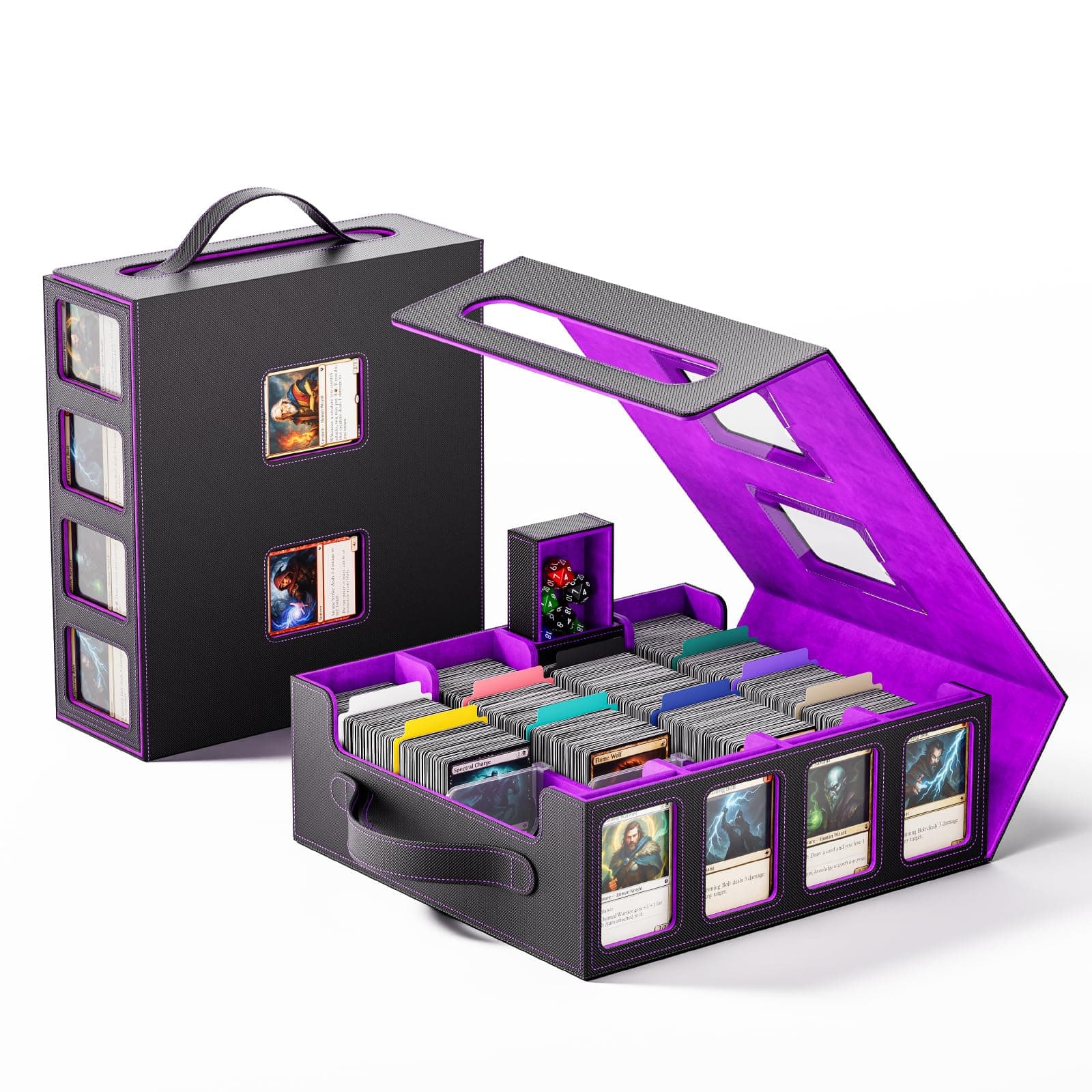 - Trading Card Storage Box – 3500+ Magnetic MTG Deck Box with Handle,Commander & Toploader Display, Dice Box,4 Dividers & 30 Color Labels–Fits for TCG,MTG,Yu-Gi-Oh and Sport cards(Black/Purple)
