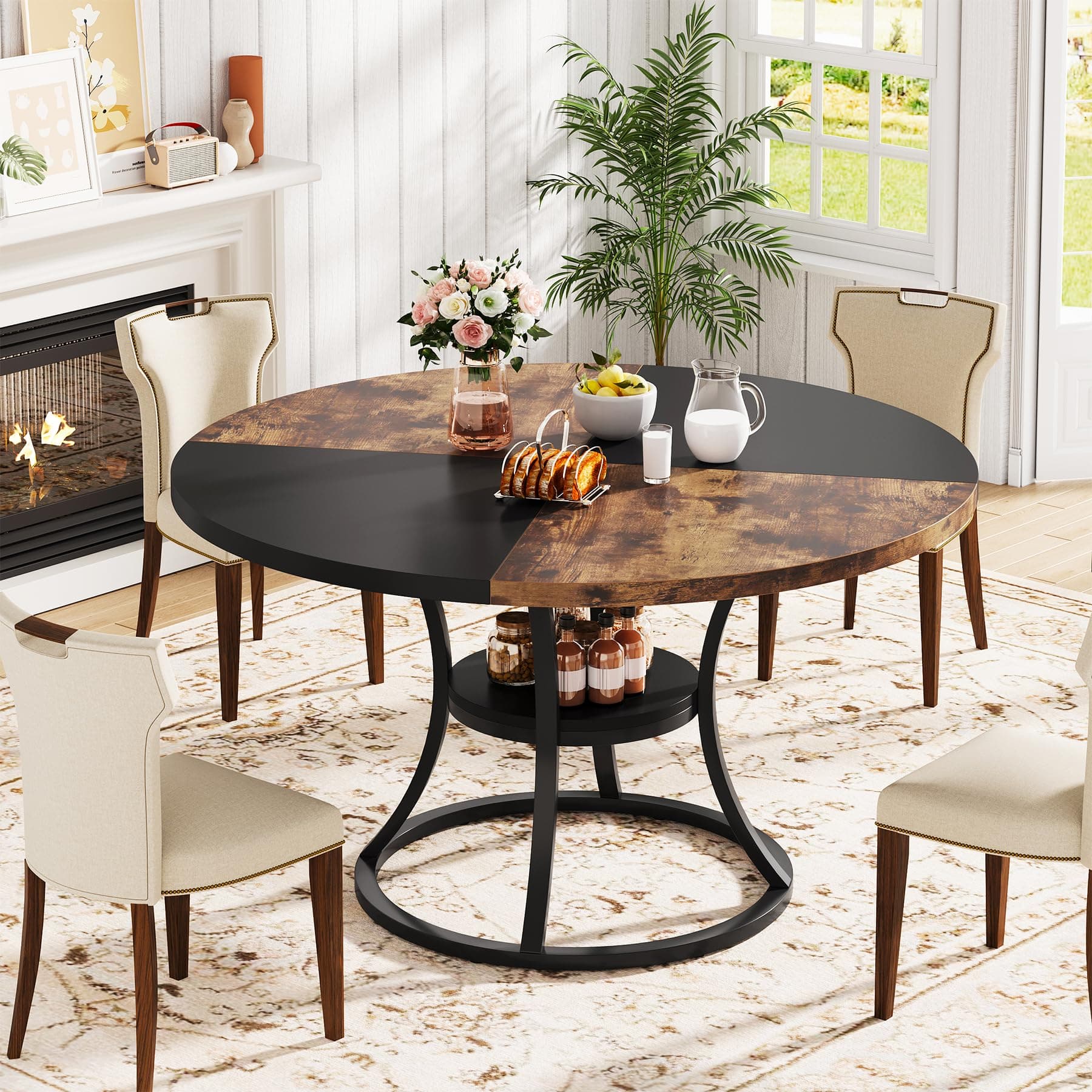 47'' Round Dining Table for 4-6, Farmhouse Dining Room Table with Storage Shelf, Space-Saving Kitchen Table with Metal Base for Kitchen & Dining Room, Table Only (Rustic Brown and Black)