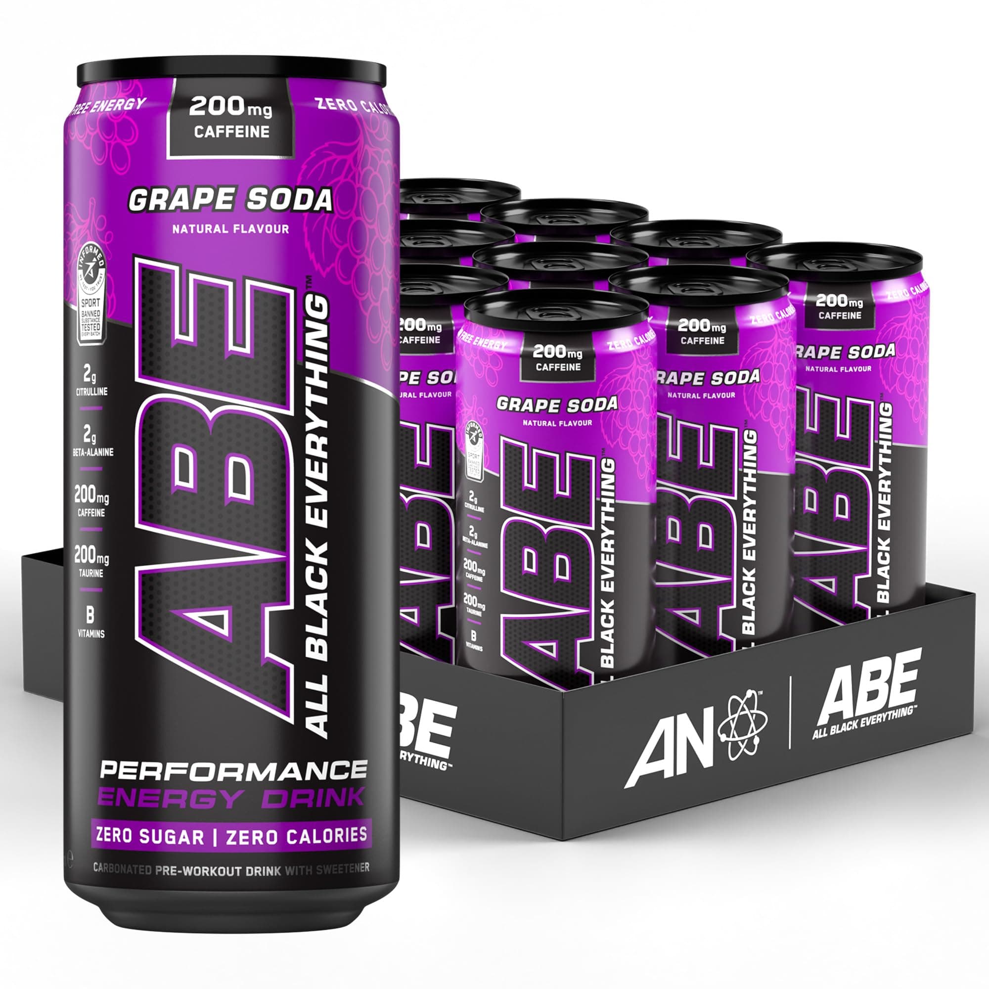 Applied Nutrition ABE Pre Workout Cans - All Black Everything Energy + Performance Drink, ABE Carbonated Beverage Sugar Free with Caffeine (Pack of 12 Cans x 330ml) (Grape Soda)