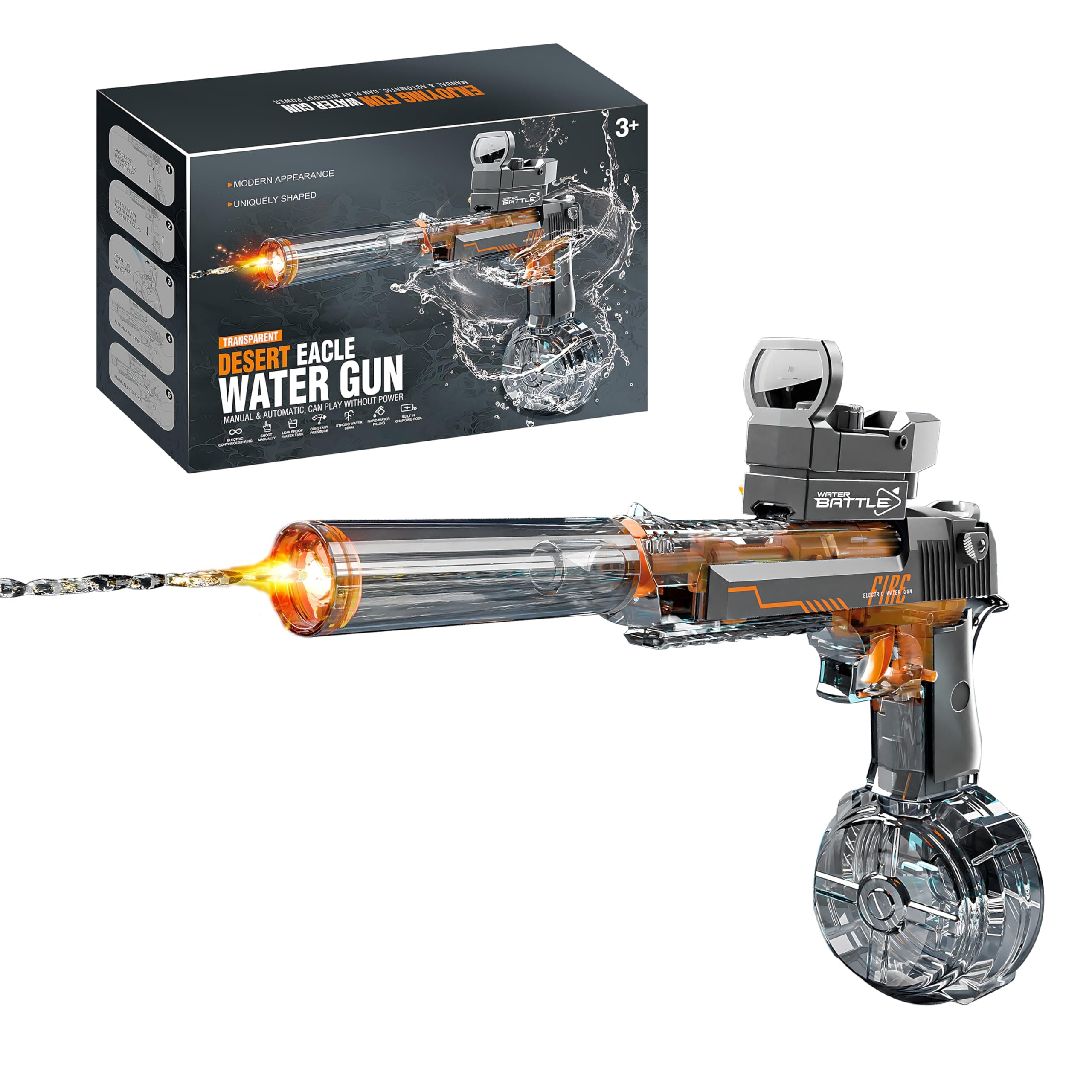 CY05 Electric Water Gun with Lights, Induction Light-Emitting Muzzle, 425ml Water Tank, 26-33Ft Range for Kids Ages 3+ (Grey)