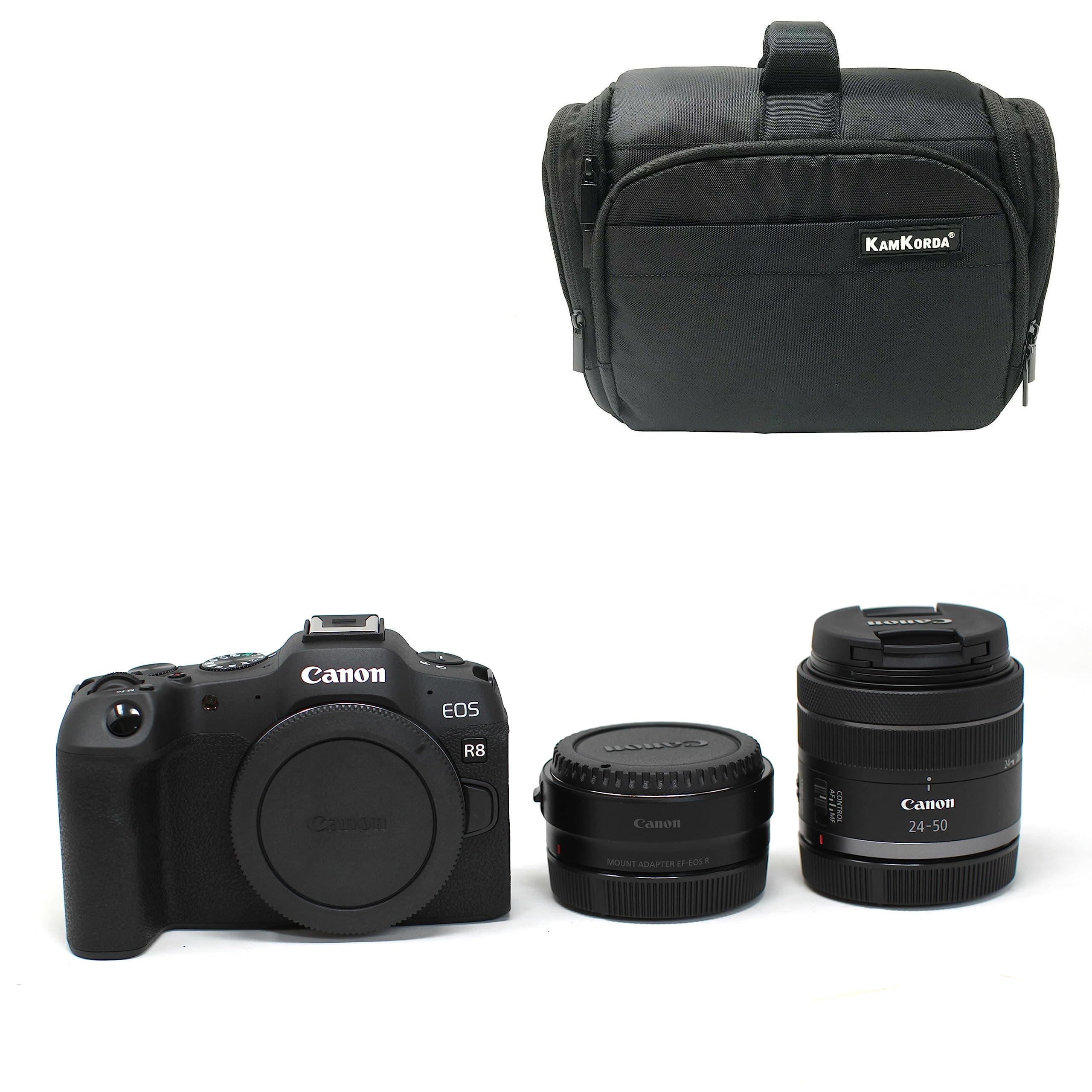 Camera Bag + R8 Mirrorless Digital Camera Body + Adapter + RF 24-50mm f/4.5-6.3 IS STM, 32.5MP APS-C CMOS Sensor, 4K60 10-Bit Video + 2 Year Warranty