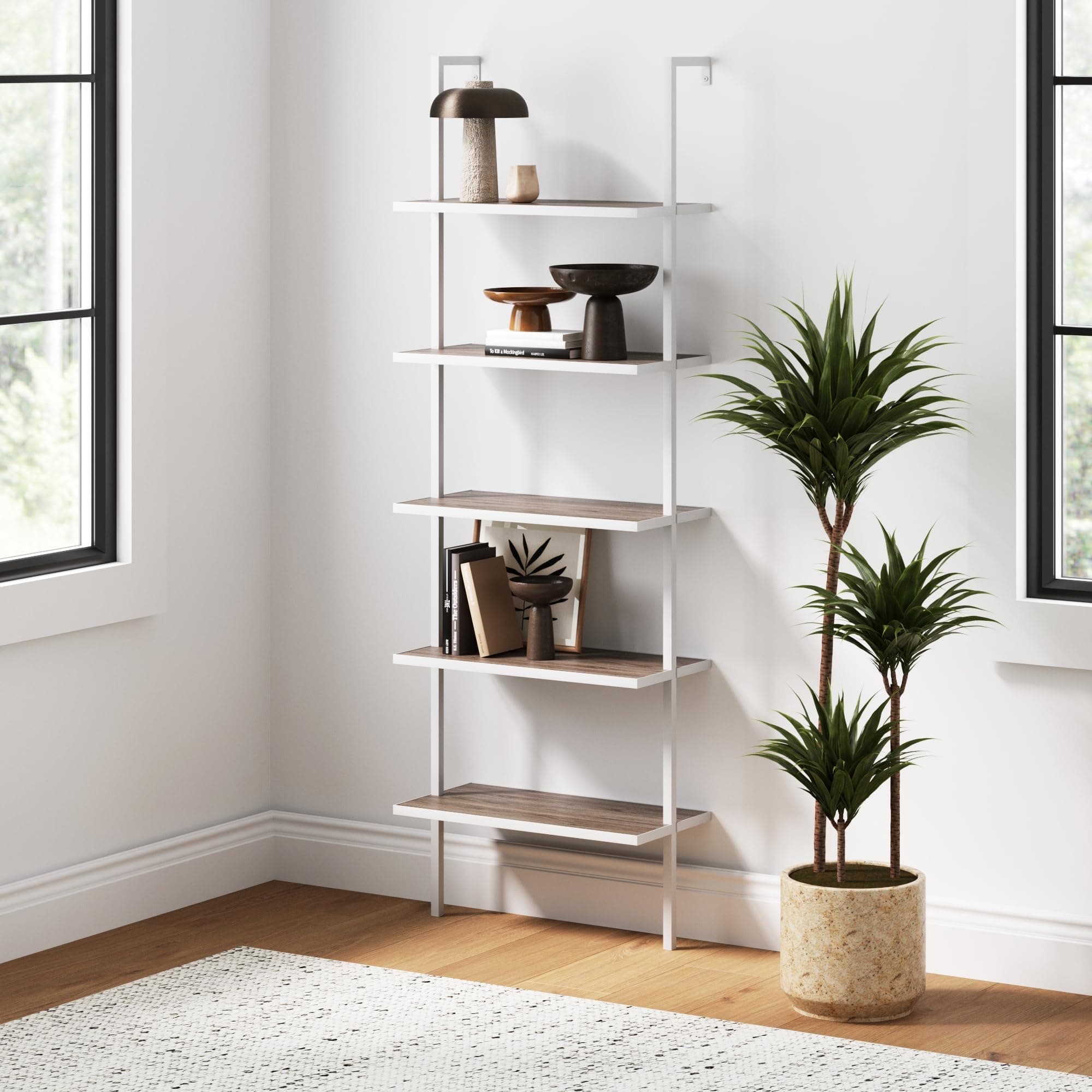Nathan James Theo 5-Shelf Modern Bookcase, Open Wall Mount Ladder Bookshelf with Industrial Metal Frame, Gray Oak Wood/White