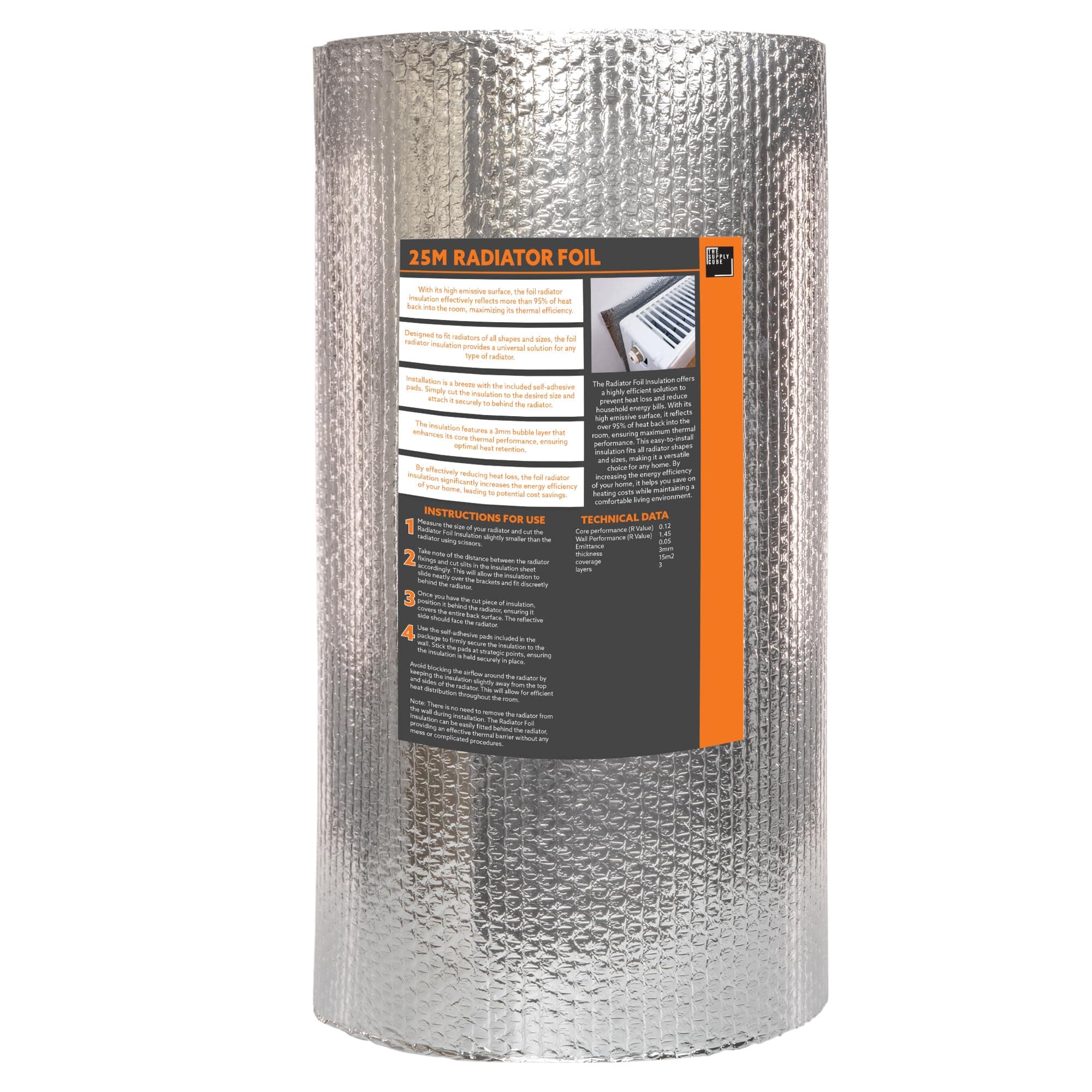 Supply Cube Radiator Reflector Foil Insulation Roll (0.6m x 25m) – Thermal Heat Reflective Radiator Foil for Energy Efficiency – Easy DIY Installation