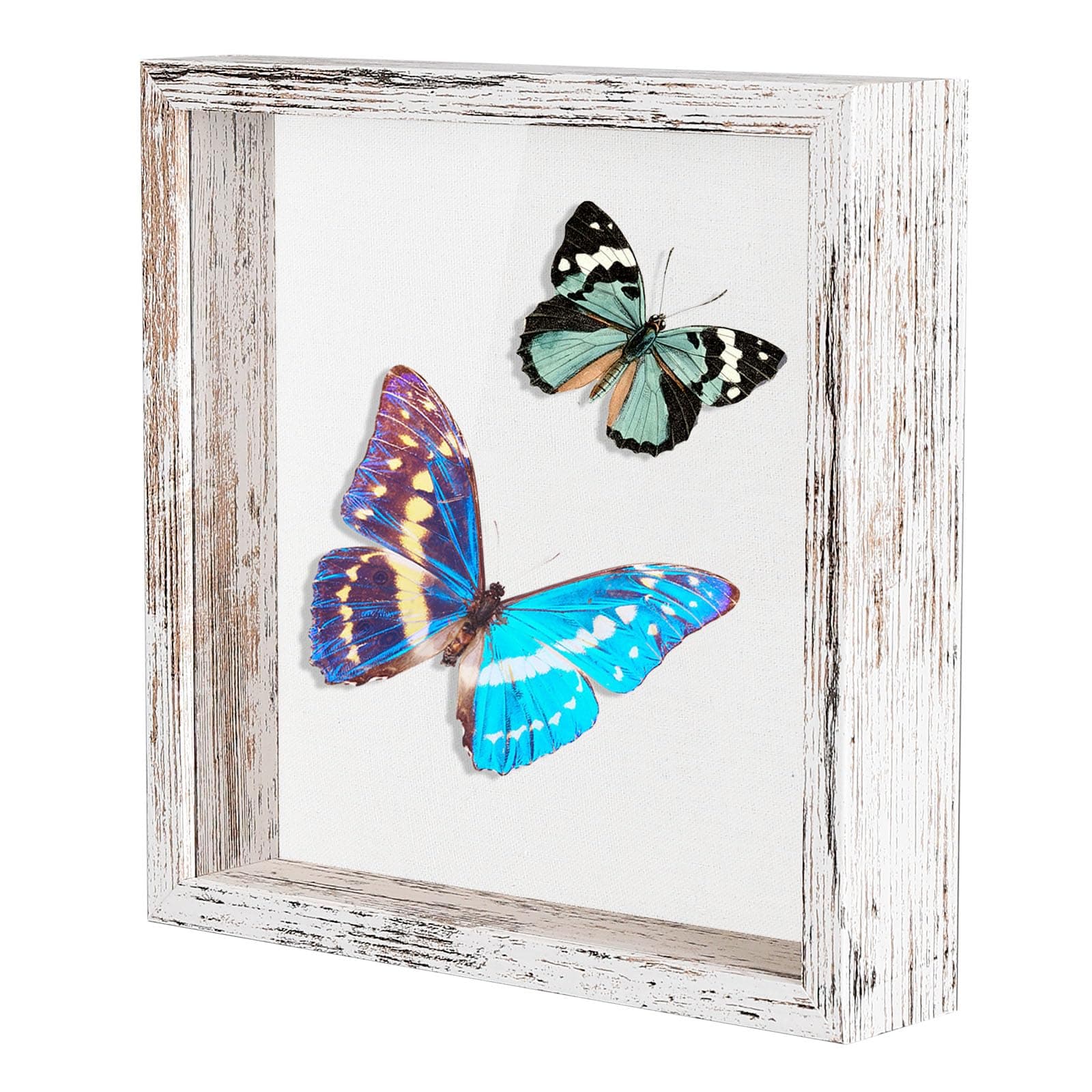 8x8 Shadow Box Picture Frame with Soft Linen Back - Metal Push Pins Included, Memory Box Display Case for Memorabilia Flower Awards Medals Wedding Photos, Rustic White