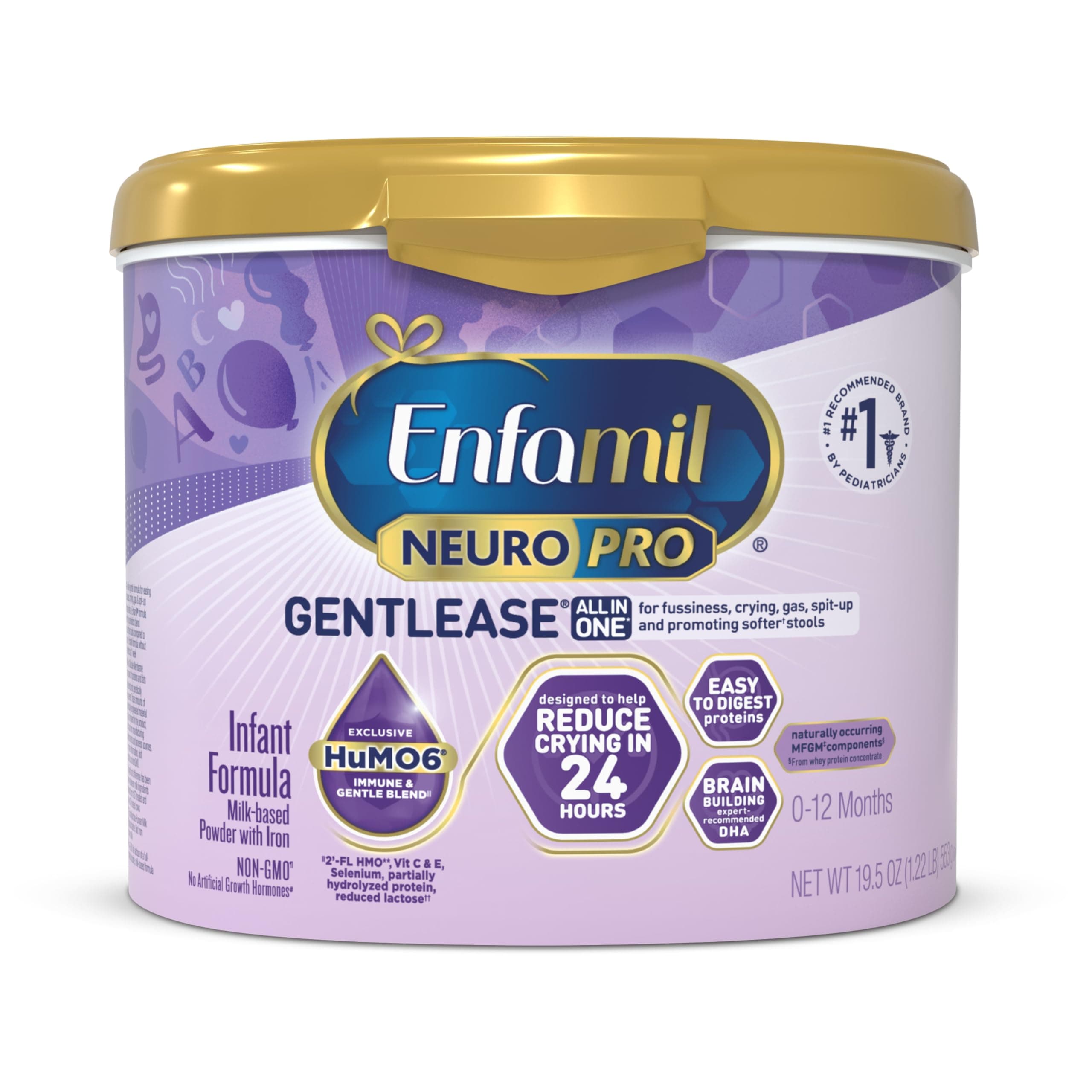 NeuroPro Gentlease for easing Fussiness, Crying, Gas, Spit-up in 24 Hrs, Smaller Proteins for Easy Digestion, Brain Supporting DHA, Prebiotic Blend, HuMO6*, Baby Formula, Reusable Tub, 19.5 Oz