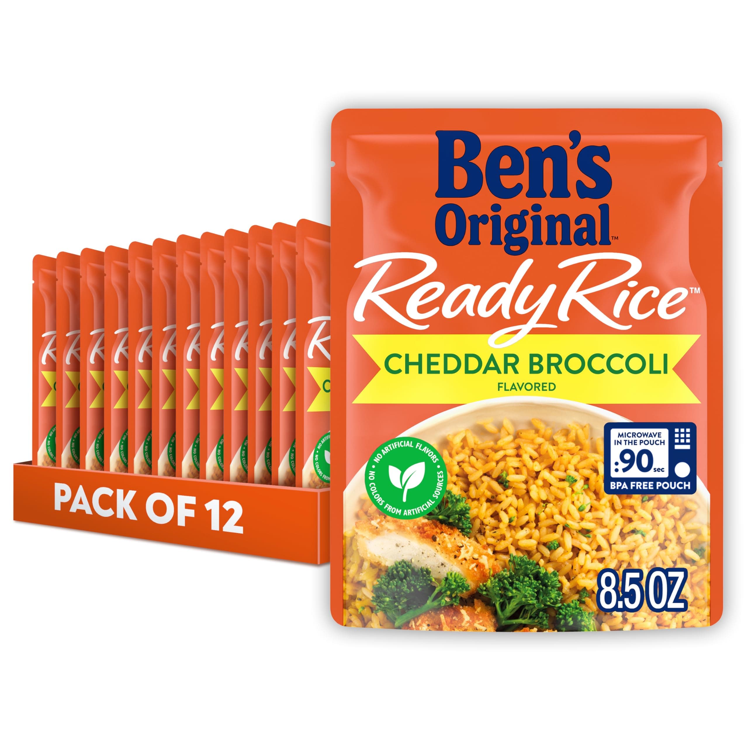 BEN'S ORIGINAL Ready Rice Cheddar Broccoli Flavored Rice, Easy Dinner Side, 8.5 OZ Pouch (Pack of 12)