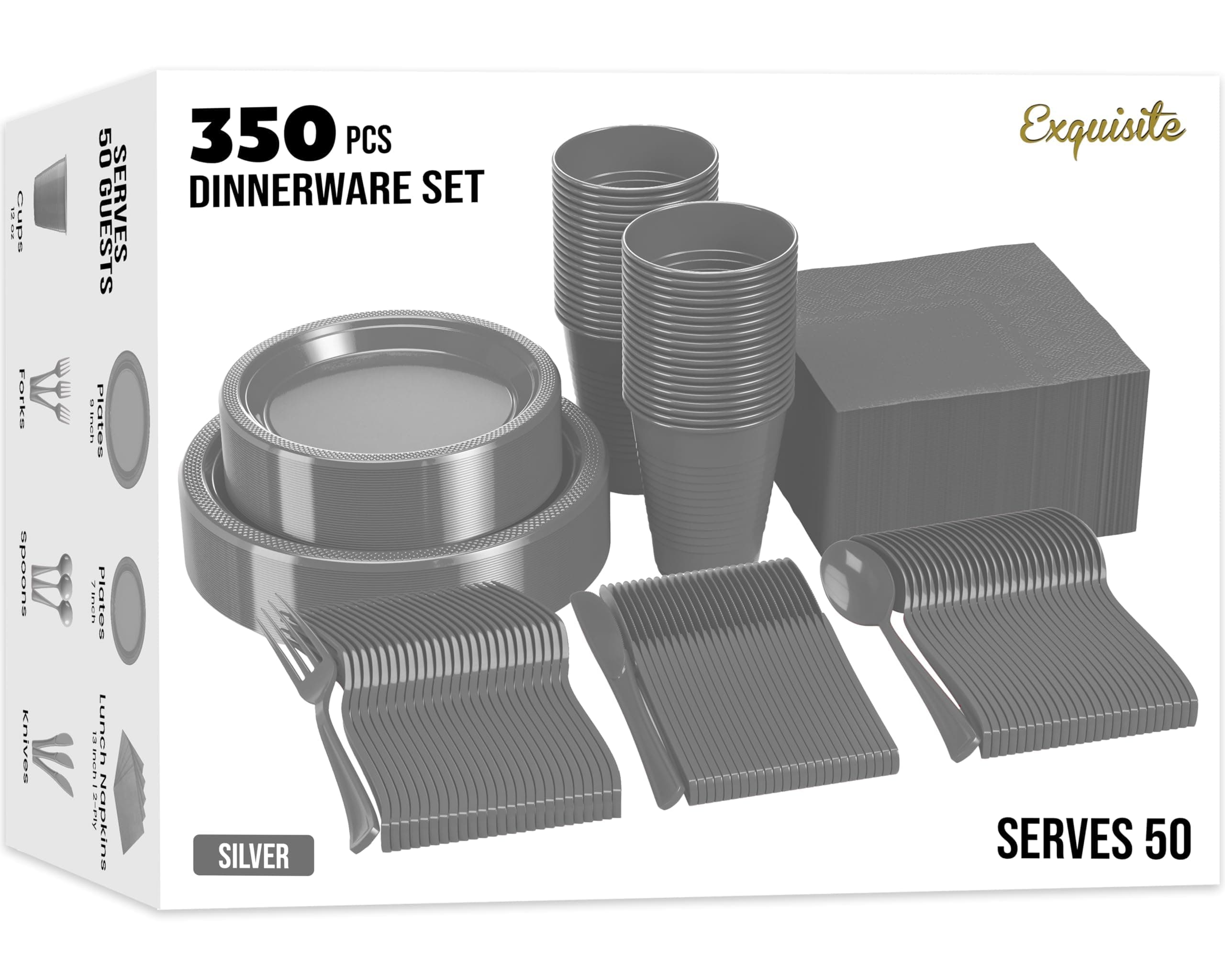 350 Pcs Silver Plastic Plates For Party, Silver Disposable Plates Set, 50 Of Each 9" Dinner Plate Set, 7" Dessert Plate, Cups, Napkins & Cutlery Plastic Dinnerware Set Exquisite