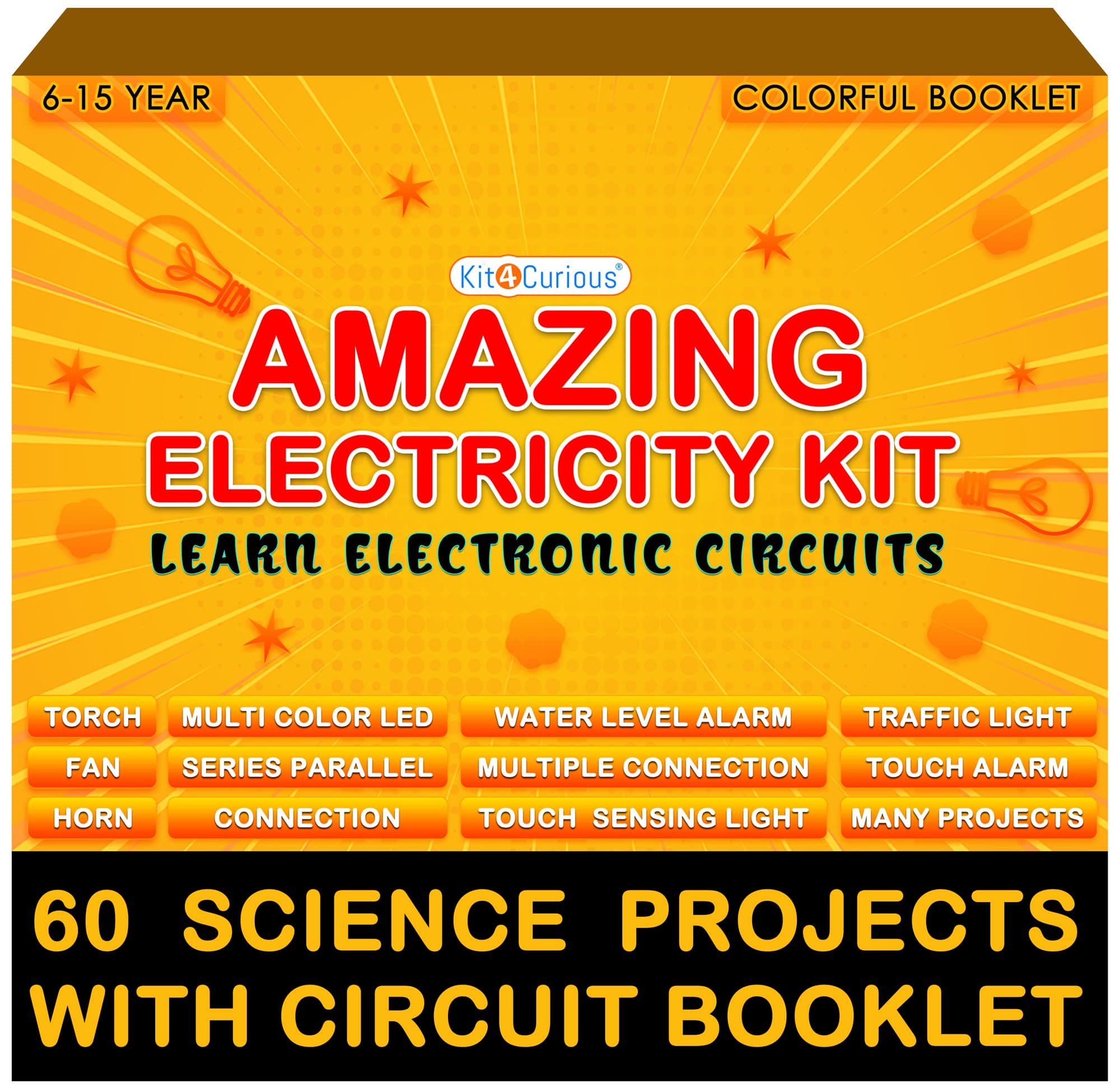 Kit4Curious® Awesome Electricity Kit - Learn Electronic Circuits - 60 Science Projects Beginner Kit with Colorful Booklet - Toy Gift Set for Kids Age 6-15 yrs