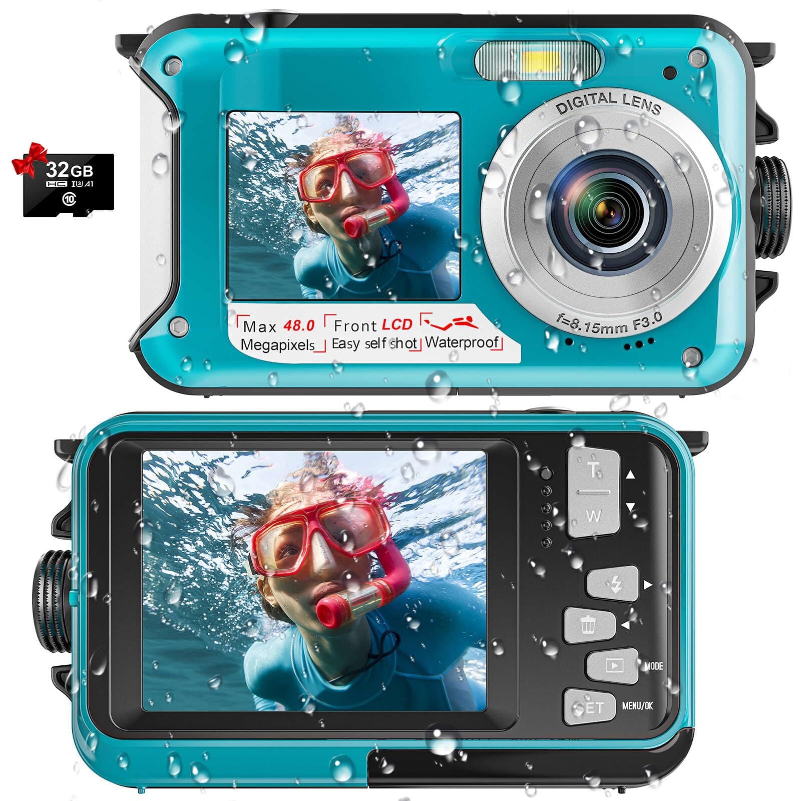 Waterproof Digital Camera Dual Screen 4K 48MP Underwater Camera with 32GB Card Waterproof Camera for Snorkeling (DV806)