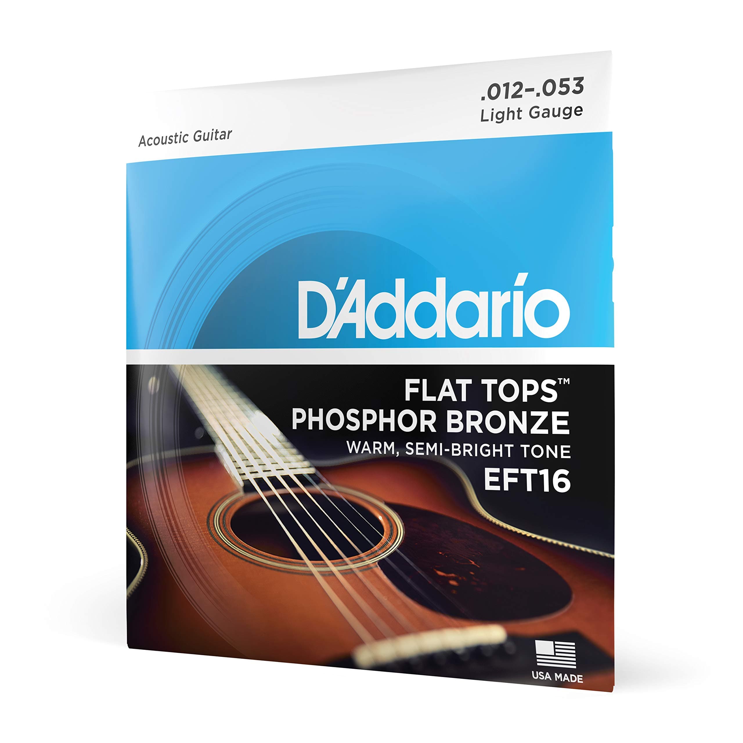 Guitar Strings - Acoustic Guitar Strings - Flat Tops Phosphor Bronze - For 6 String Guitar - Warm, Semi-Bright Tone - EFT16 - Light, 12-53