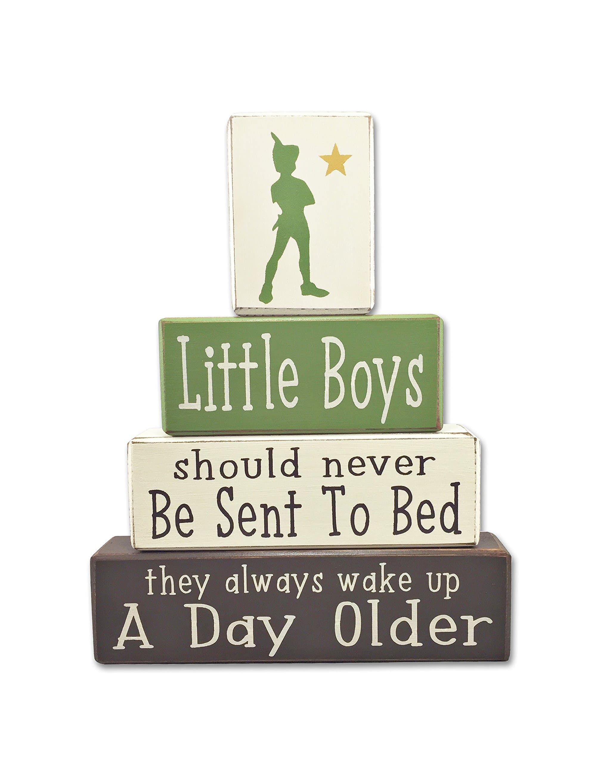 Peter Pan Nursery decor, Little boys should never be sent to bed quote neverland nursery, primitive hand painted stacking wood sign blocks by Apple Jack Designs