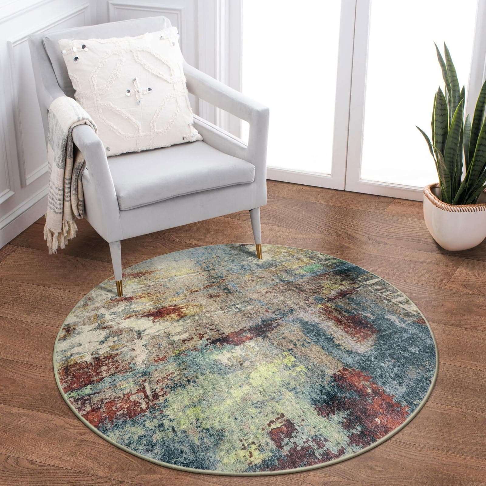 Modern Abstract Round Rug - 3Ft Small Red Washable Kitchen Round Area Rug Bedroom Circle Mat, Soft Low Pile Non Slip Indoor Throw Carpet for Cabinet Bathroom Living Room Office