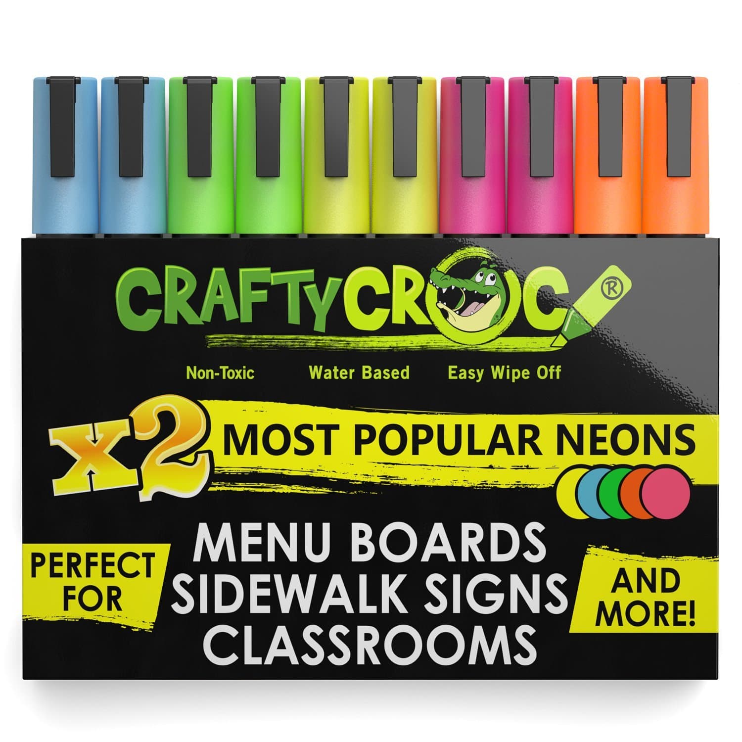Liquid Chalk Markers, Neon Chalk Pens Glow under Blacklight, Includes 2 Each Fluorescent Yellow, Blue, Green, Orange and Pink (10 Pack)