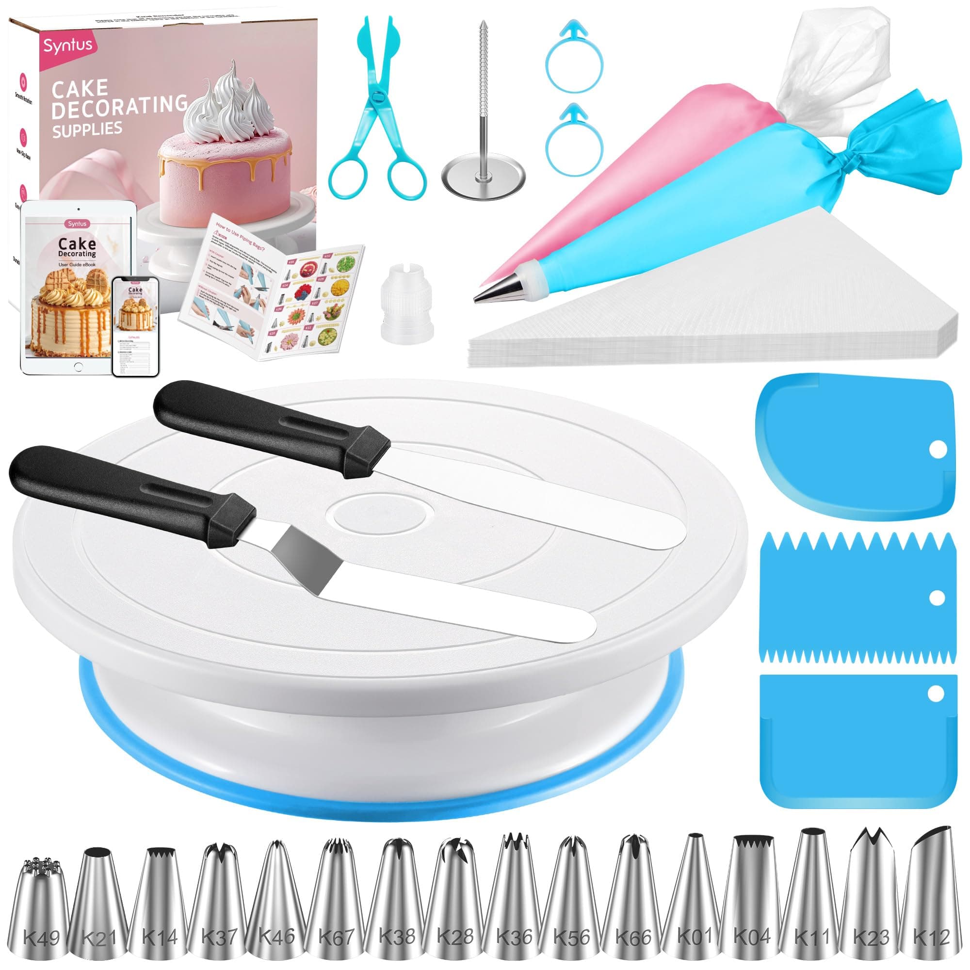 Syntus79 PCs Cake Decorating Kit with Cake Turntable, 16 Numbered Piping Tips, 52 Piping Bags, 2 Spatulas, 3 Scrapers for Cake Cupcakes, Baking Supplies with Pattern Booklet and eBook