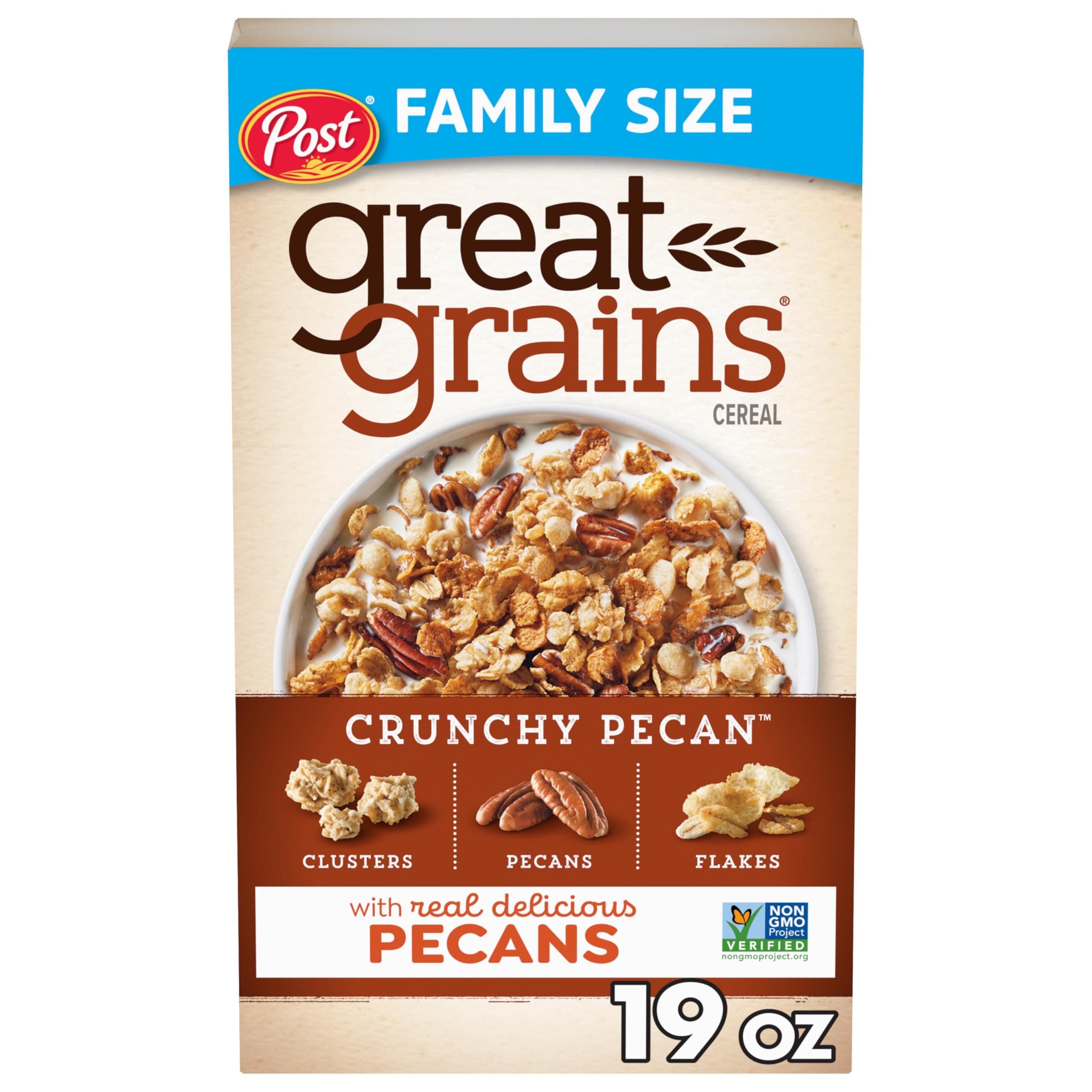 Post Great Grains Crunchy Pecan Breakfast Cereal, Non GMO Project Verified, Heart Healthy, Low Saturated Fat, Whole Grain Cereal, 19 Ounce
