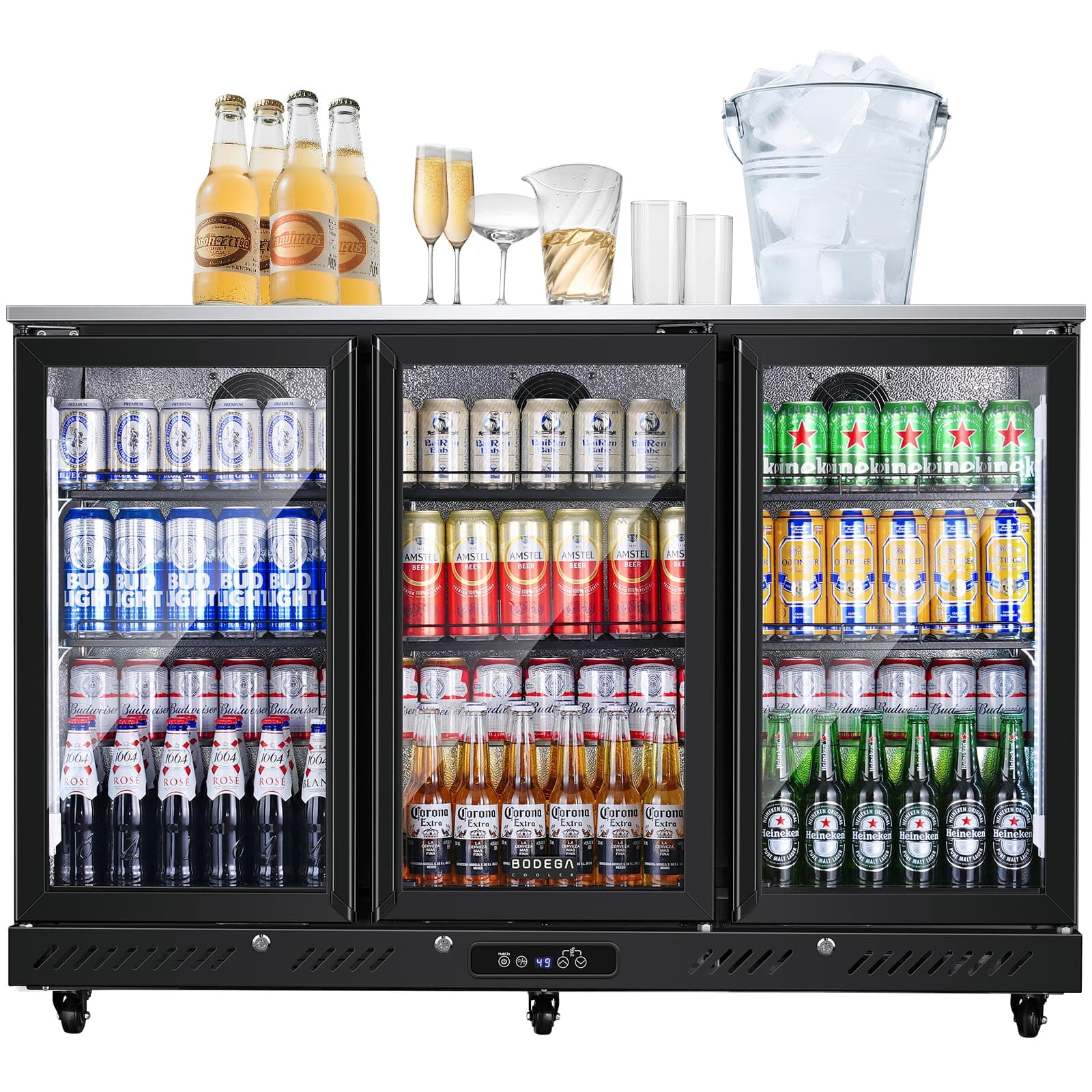 - BODEGACOOLER Back Bar Cooler with 3 Glass Doors,12 Cu.Ft Undercounter Commercial Bar Beverage Refrigerator,Stainless Steel Top Drink Fridge for Beer Soda LED Lighting,DOE Approved,Restaurant,Store
