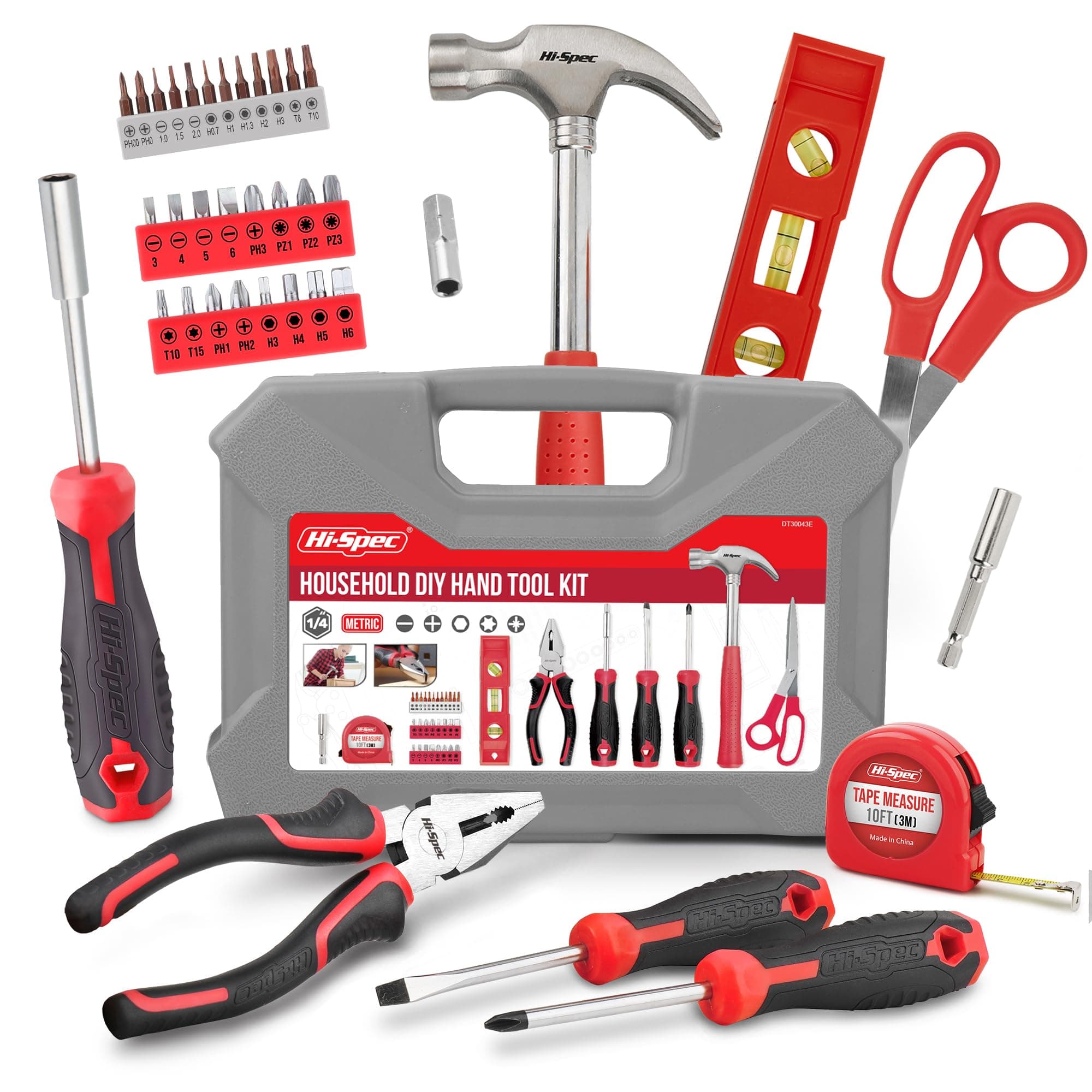 42pc Red Household DIY Tool Kit Set with Tool Box for Home and Office Repairs