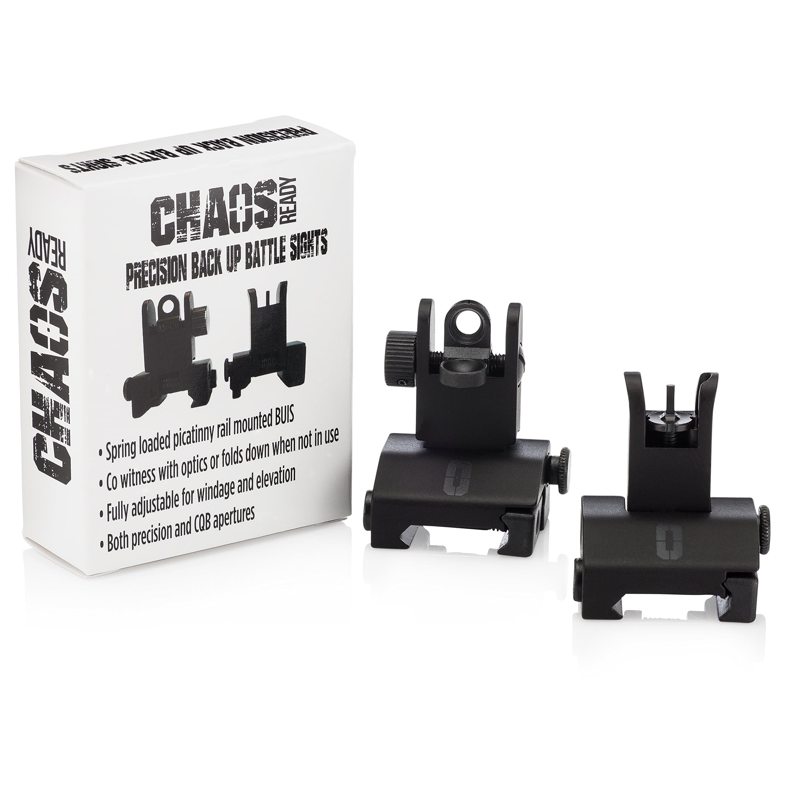 Chaos Ready | Flip Up Iron Sights - Spring Loaded Low Profile Back up Ironsights | Designed for Picatinny 1913 Pattern Rails | Co-Witness Front and Rear BUIS Combo Set |