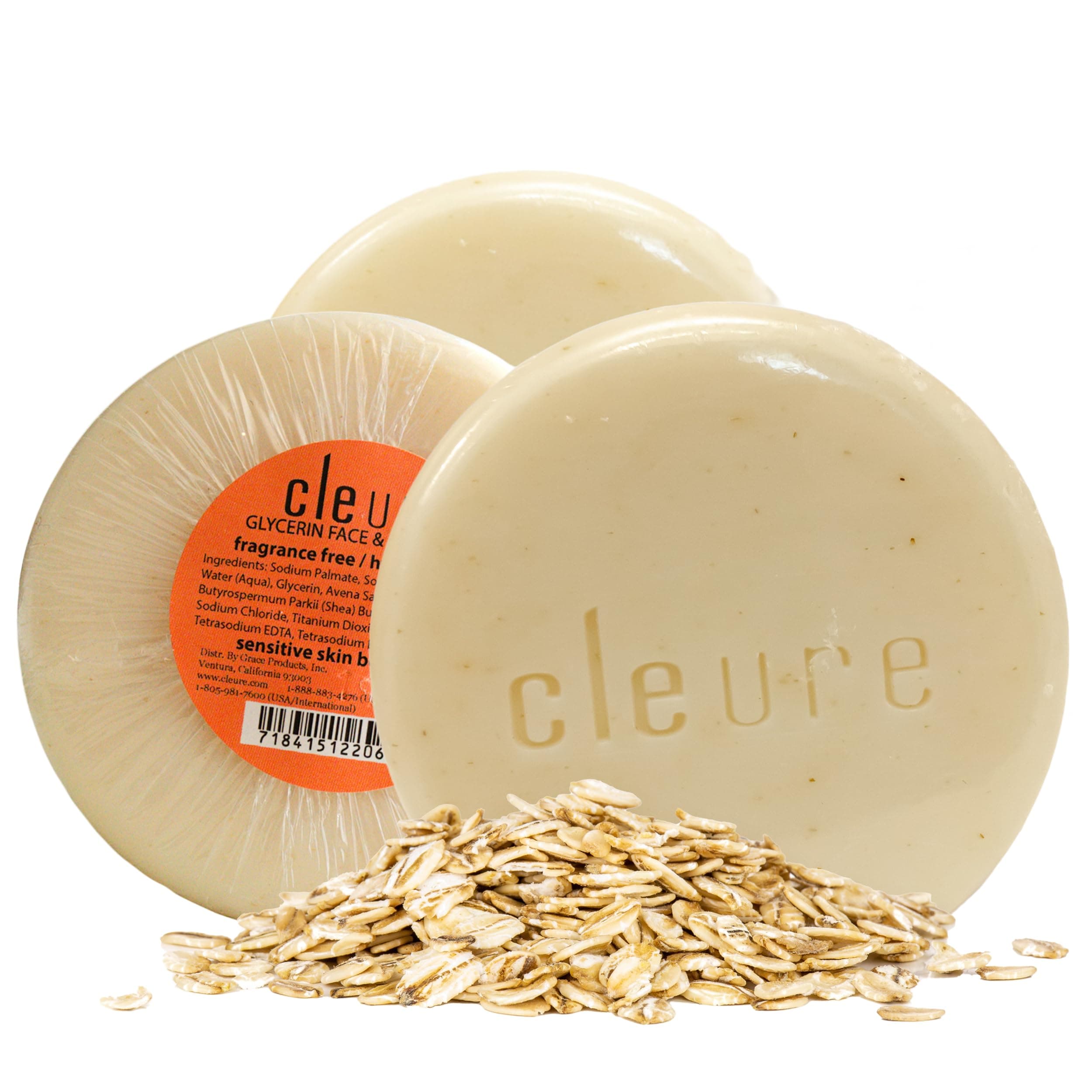 Cleure Face & Body Bar - Gentle Soap Cleanser for Sensitive Skin Infused w/Soothing Oatmeal - Gluten, SLS & Fragrance Free (3 oz, Pack of 3 Bars)