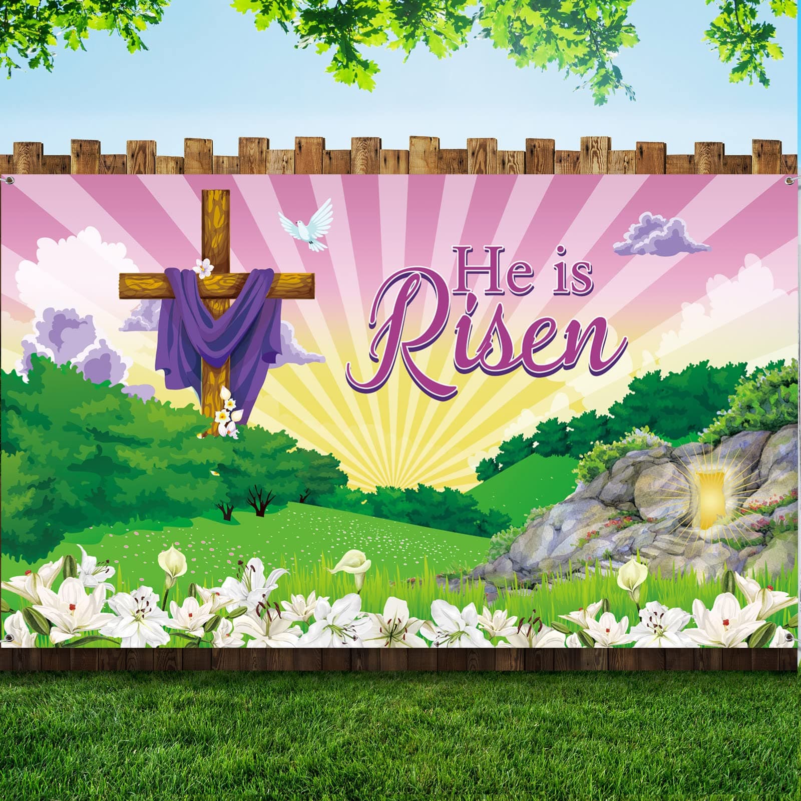 Tatuo Happy Easter Day Decorations He is Risen Backdrop Photography Banner, Large Fabric Easter Cross Religious Backdrop Background for Jesus Spring Party Decorations(72.8 x 43.3 Inch)