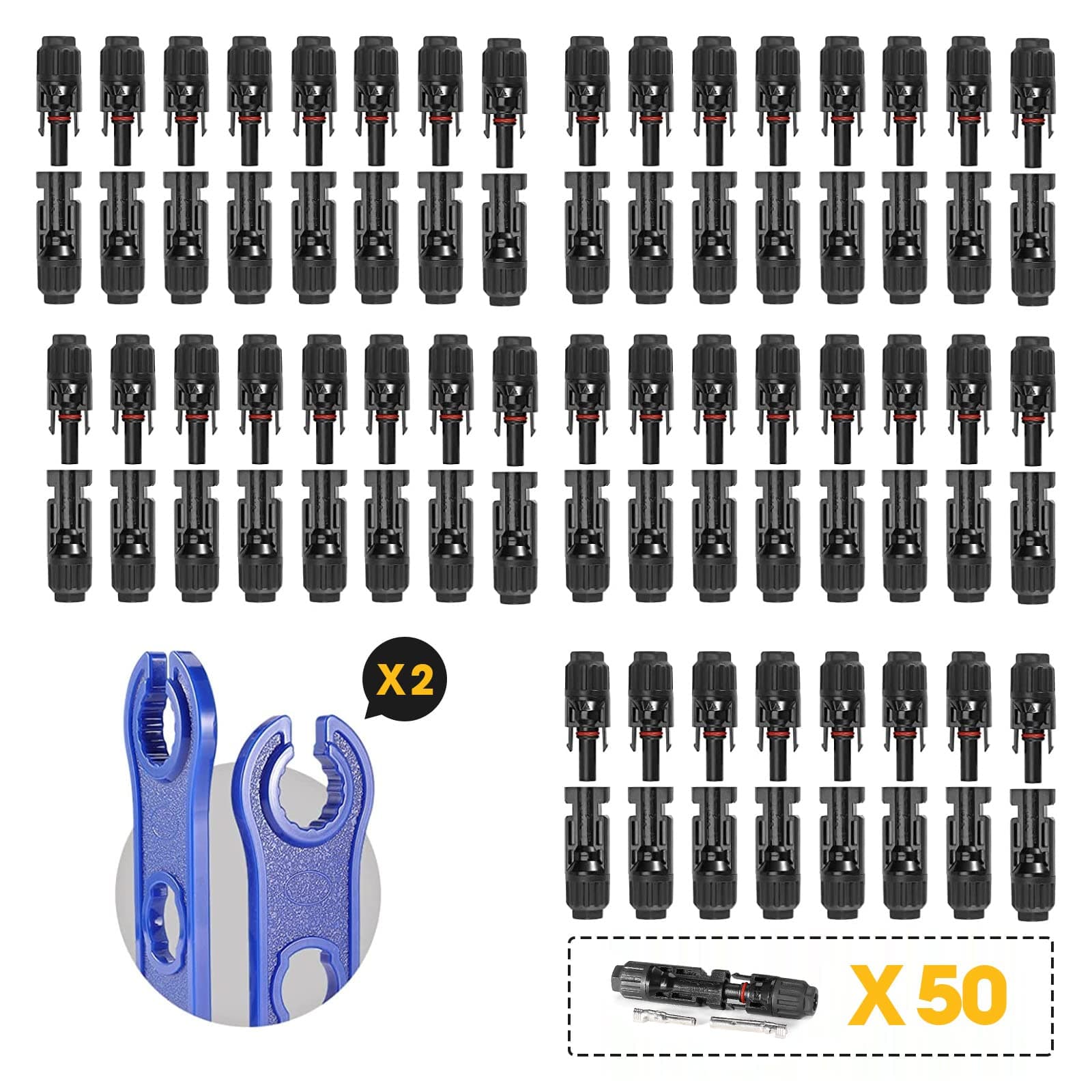 100PCS Solar Connector with Spanners IP67 Waterproof Solar Panel Cable Connectors Male/Female 50 Pairs(10AWG)