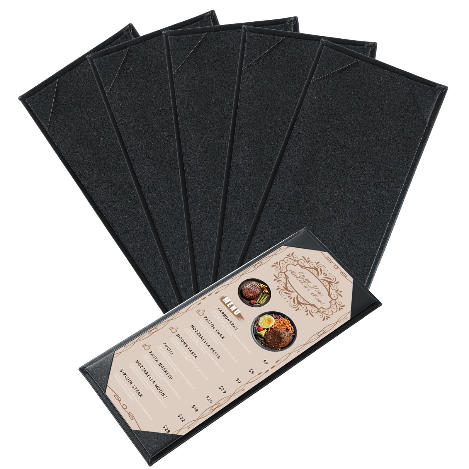Menu Covers 4.25" x 11" – 5 Pack 1 View Black PU Leather Restaurant Menu Holders, Single Panel with Angled Corners for Food Menus, Wine Lists & Drink Specials & Cocktail, Perfect for Parties
