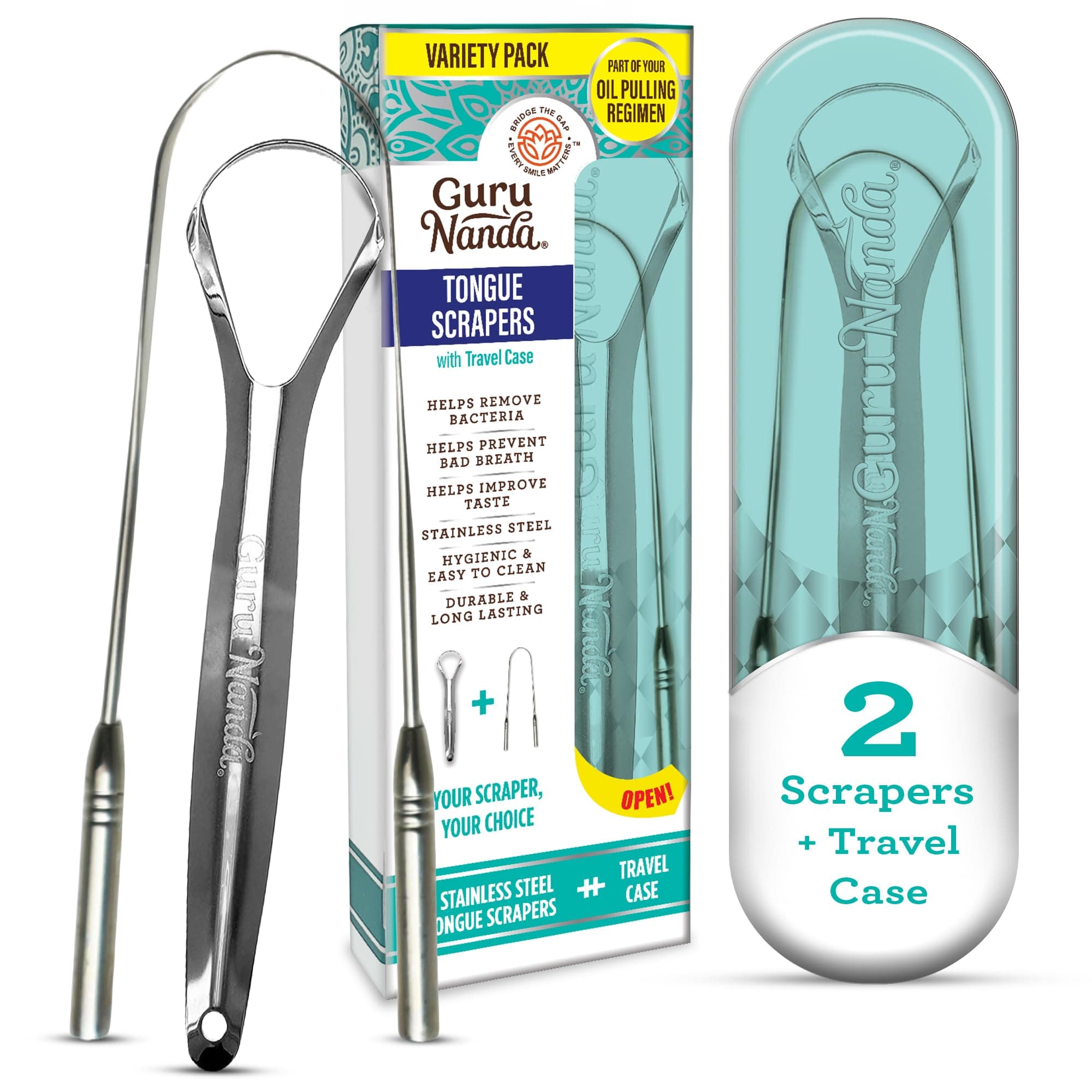 Spoon & U-Shaped Tongue Scraper Variety Pack (2 Pack) with Travel Case, 420 Medical Grade Stainless Steel, Promotes Fresh Breath & Oral Care