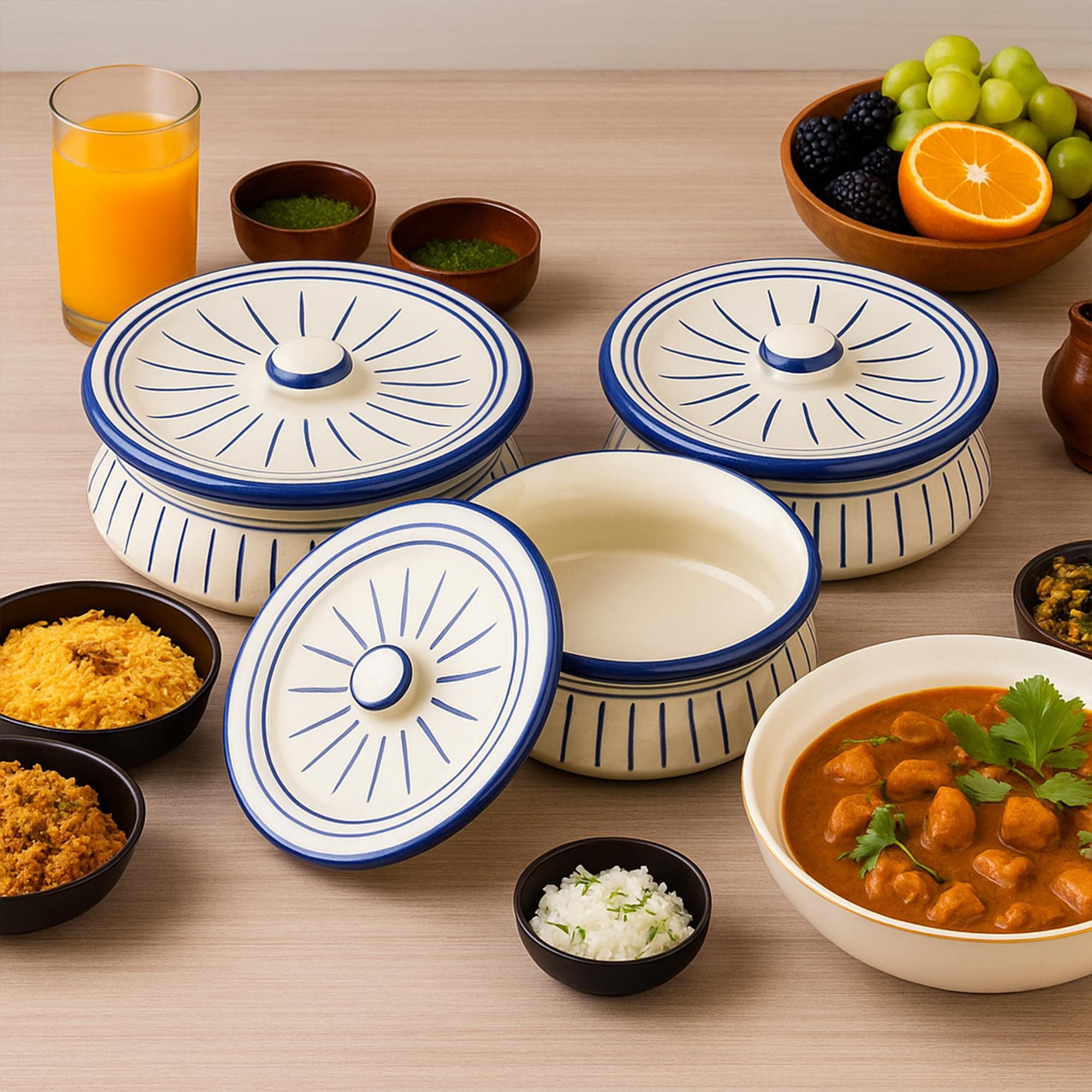 Sponsored Ad - Ceramic Biryani Handi Set with lid, Blue White Handpainted Rice Pot for Serving dal, Curry |Set of 3 | 1250 ML, 900 ML, 600 ML (Microwave Safe), Wedding Gift, Gift for mom