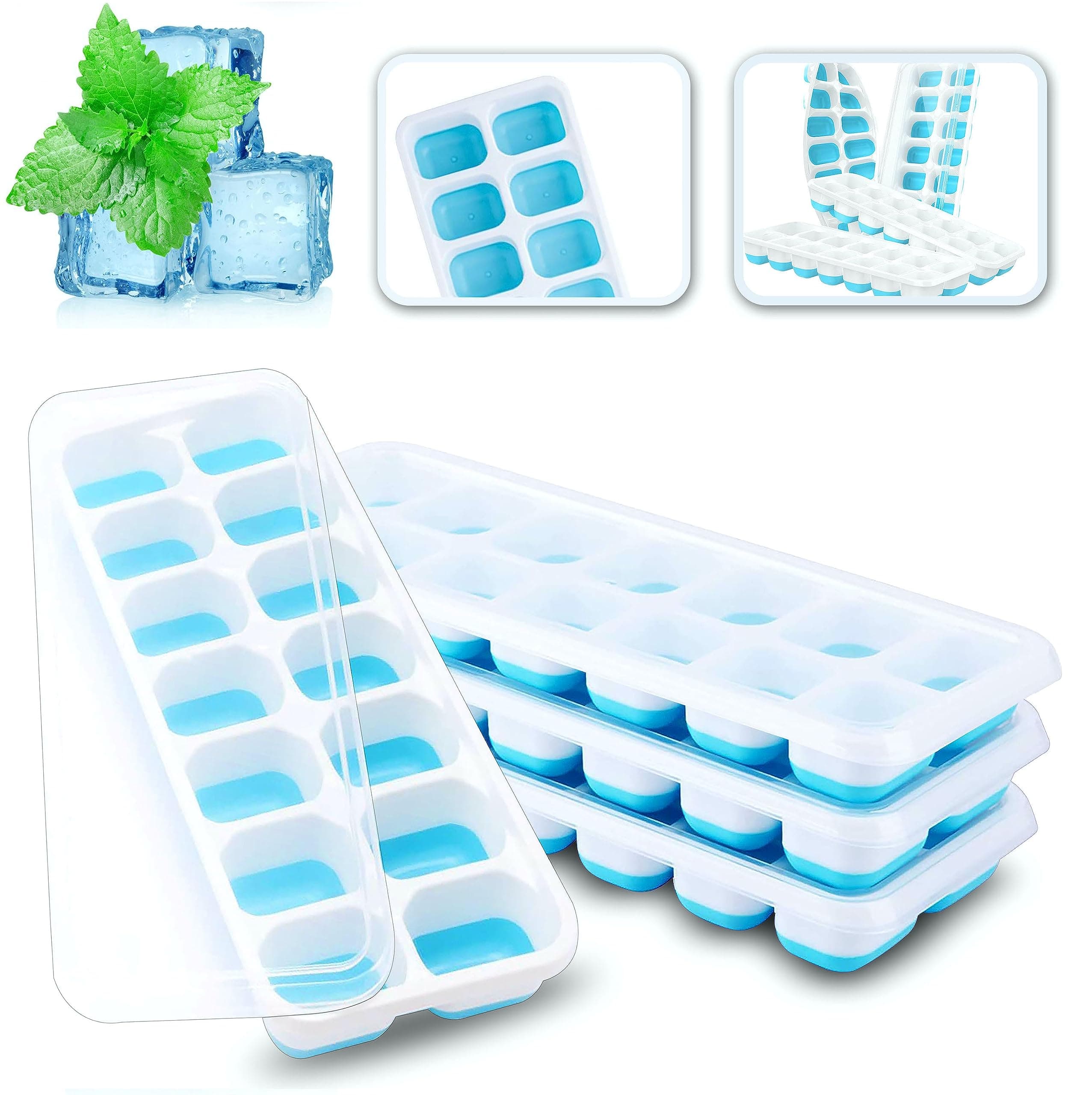 RKINC Ice Cube Trays, 4 Pack, Easy Release Silicone & Flexible 14 Ice Trays with Removable Spill Resistant Lid, LFGB & BPA Free, Durable Stackable - Blue
