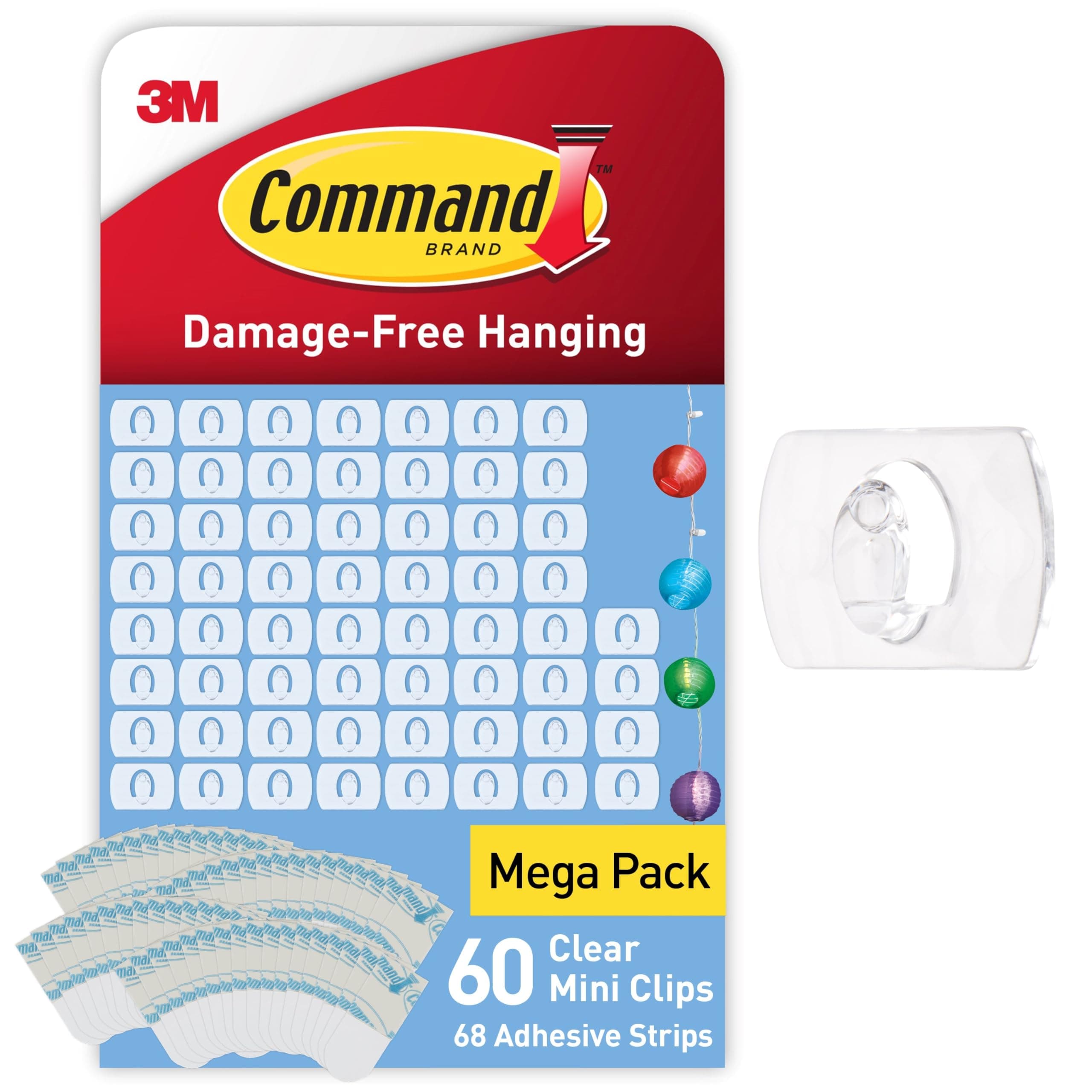 Command Clear Decorating Clips, Value Pack of 60 Transparent Clips and 68 Small Adhesive Strips - Little Hooks for Decorations and Fairy Lights - Damage Free Hanging - Packaging May Vary