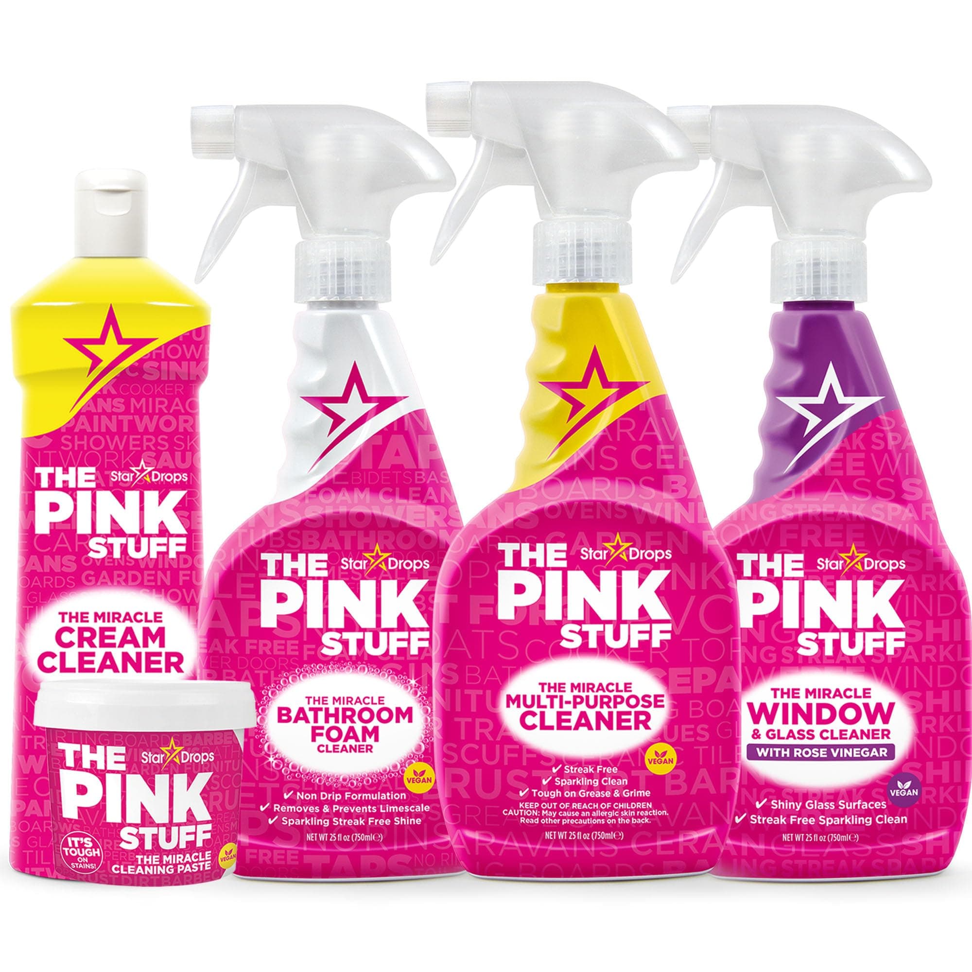 Stardrops The Pink Stuff Miracle Cleaning Bundle – Multi-Purpose Paste, Spray, Bathroom Foam Cleaner, Window & Glass Cleaner, and Cream Cleaner – Complete All-Purpose Home Cleaning Kit