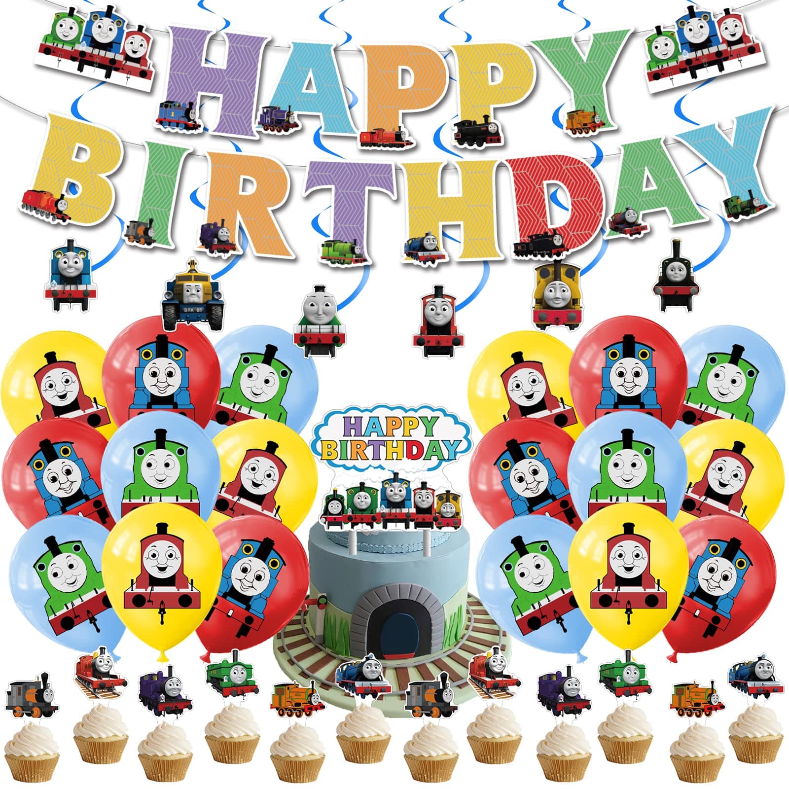 Train Birthday Party Decoration, Include Train Theme Birthday Banner, Cake Topper, Latex Balloons, Hanging Swirls, for Train Friends Theme Kids Birthday Party Supplies, Baby Shower