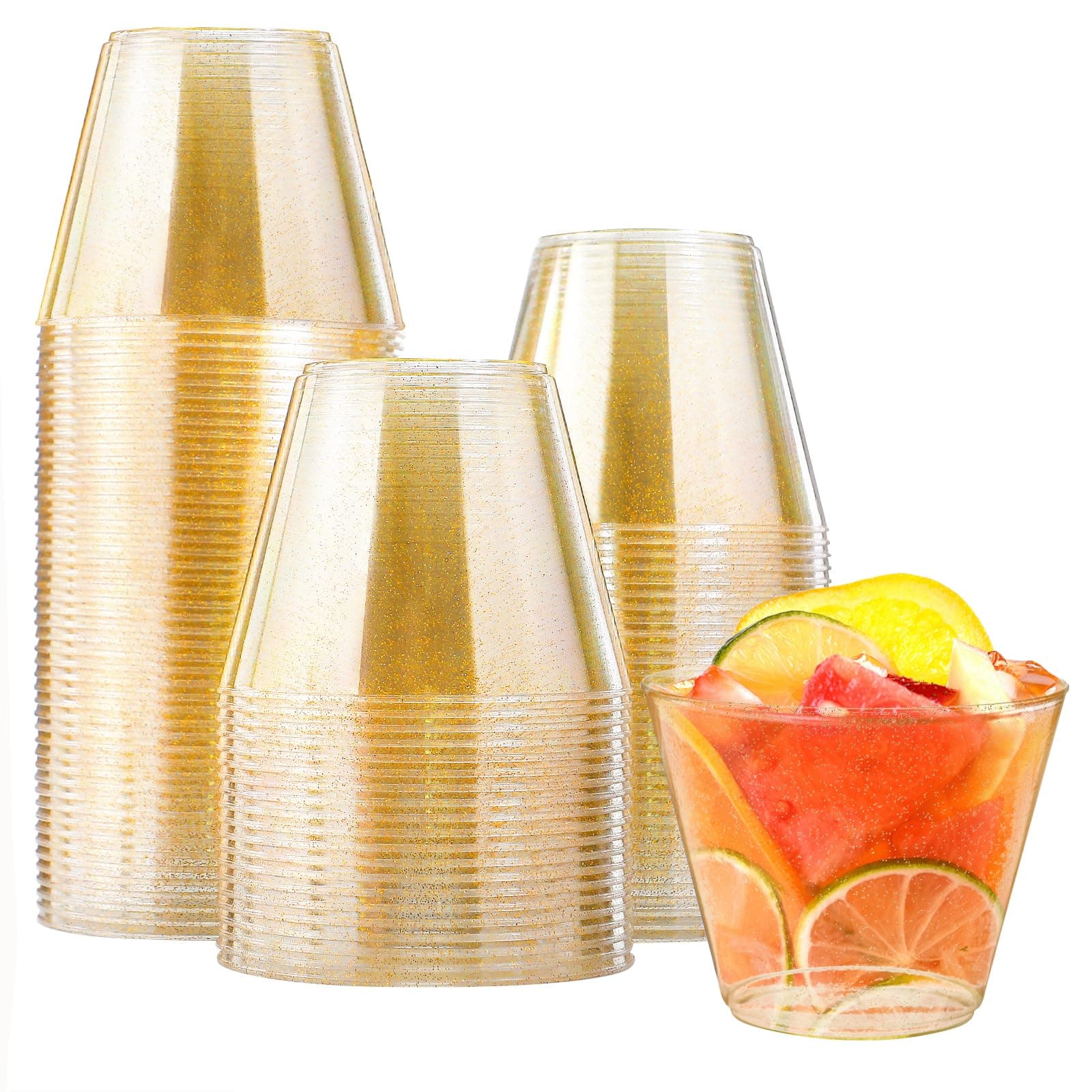 100 Count 9 oz Gold Plastic Cups, Disposable Cocktail Cups for Wedding & Party, Bulk Gold Plastic Tumblers, Fancy Disposable Party Cups for Cold Drinks