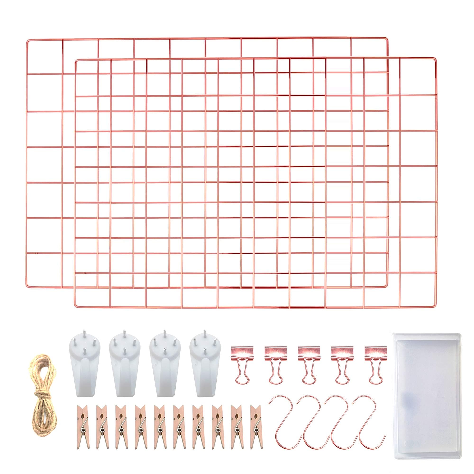 LOYONAL Rose Gold Wall Grid Panel - Photo Grid Wall Mesh Display - Wire Grid Memo Board Gold - Metal Board Wall - Set of 2 Multifunctional Hanging Grid Organiser 42×31 Centimeters