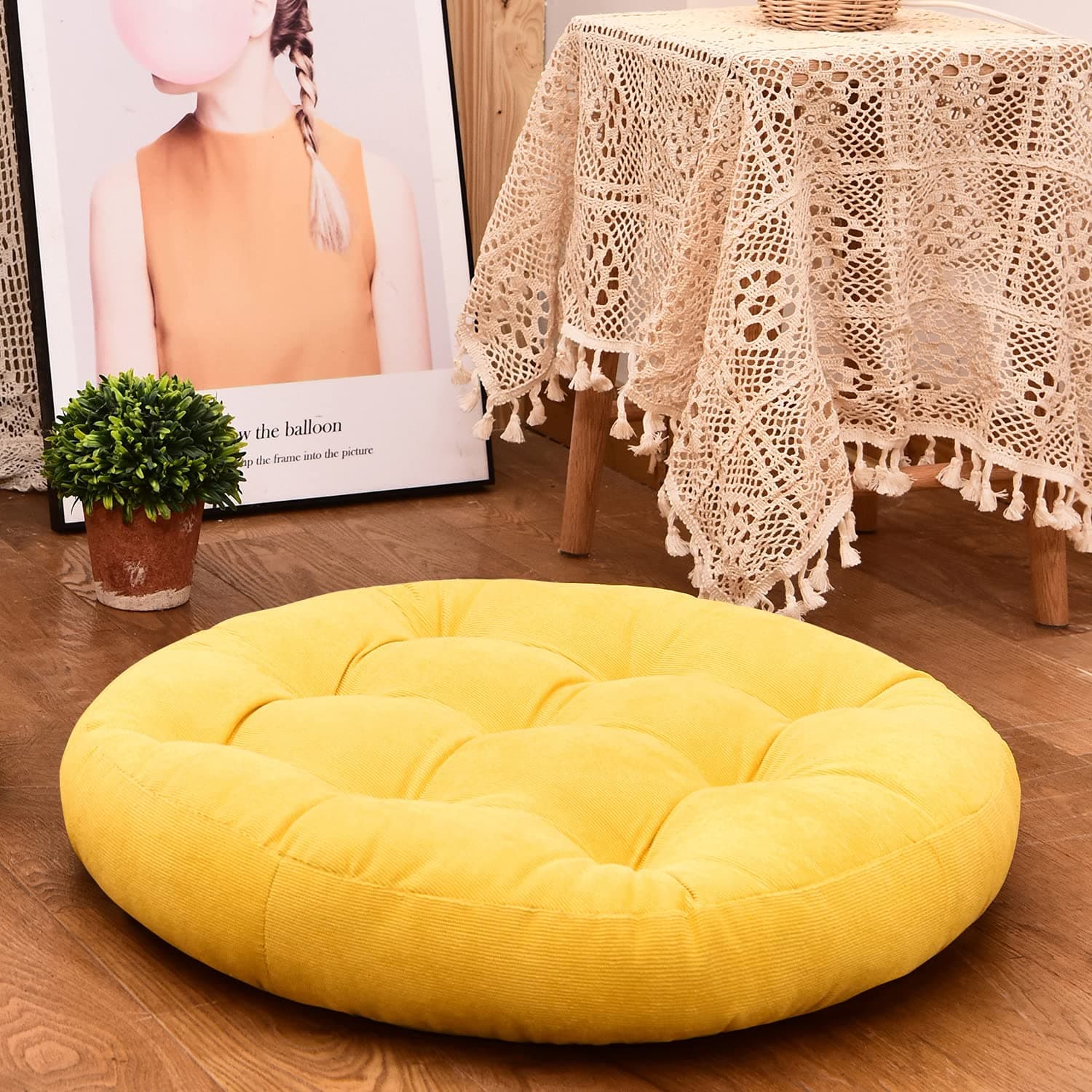 HIGOGOGO Round Solid Color Floor Pillow, Tufted Meditation Pillow for Seating on Floor Thick Seat Cushion Meditation Cushion for Yoga Living Room Sofa Balcony Outdoor, Yellow, 22x22 Inch