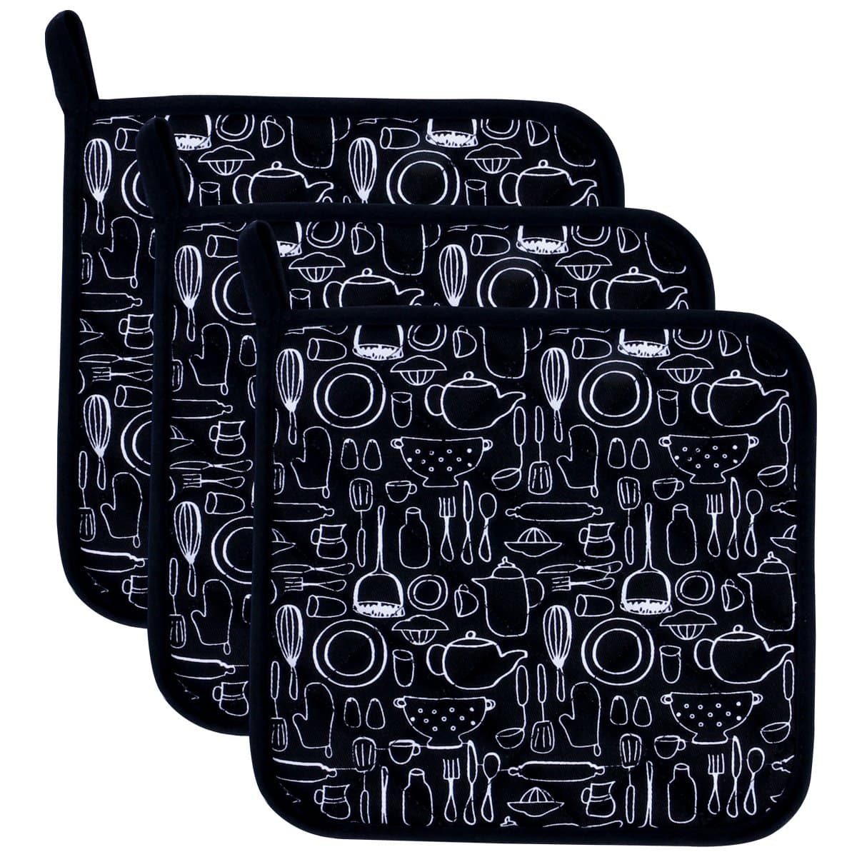 100% Cotton Kitchen Everyday Basic Terry Pot holder Heat Resistant Coaster Potholder for Cooking and Baking 20cmx20cm Inchs Set Of 3 Black