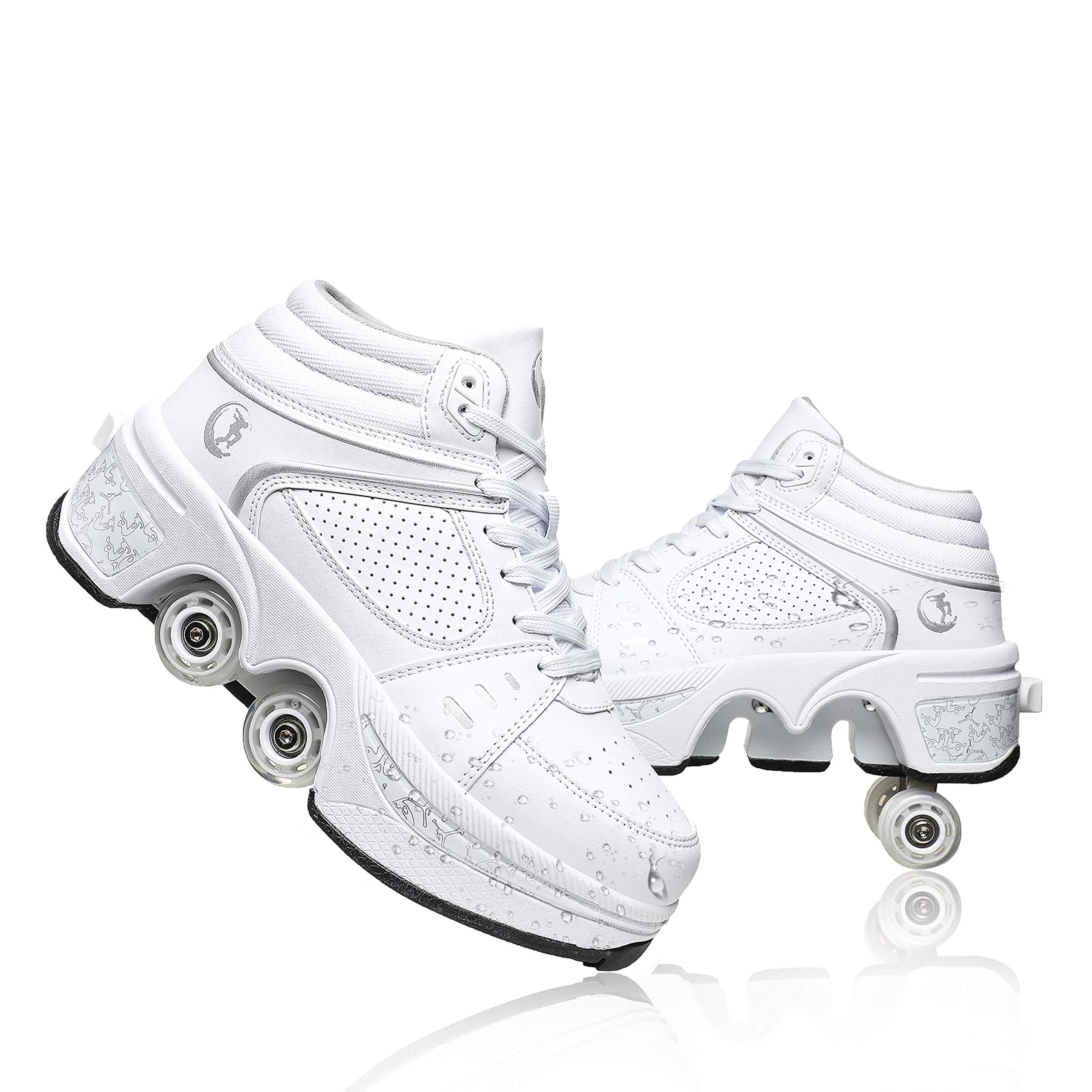 Automatic Shoes Double-Row Deform Wheel Skate for Walking and Skating Invisible Deformation Roller Parkour Retractable Children's Shoes That Turn Into Rollerskates (35, High White)