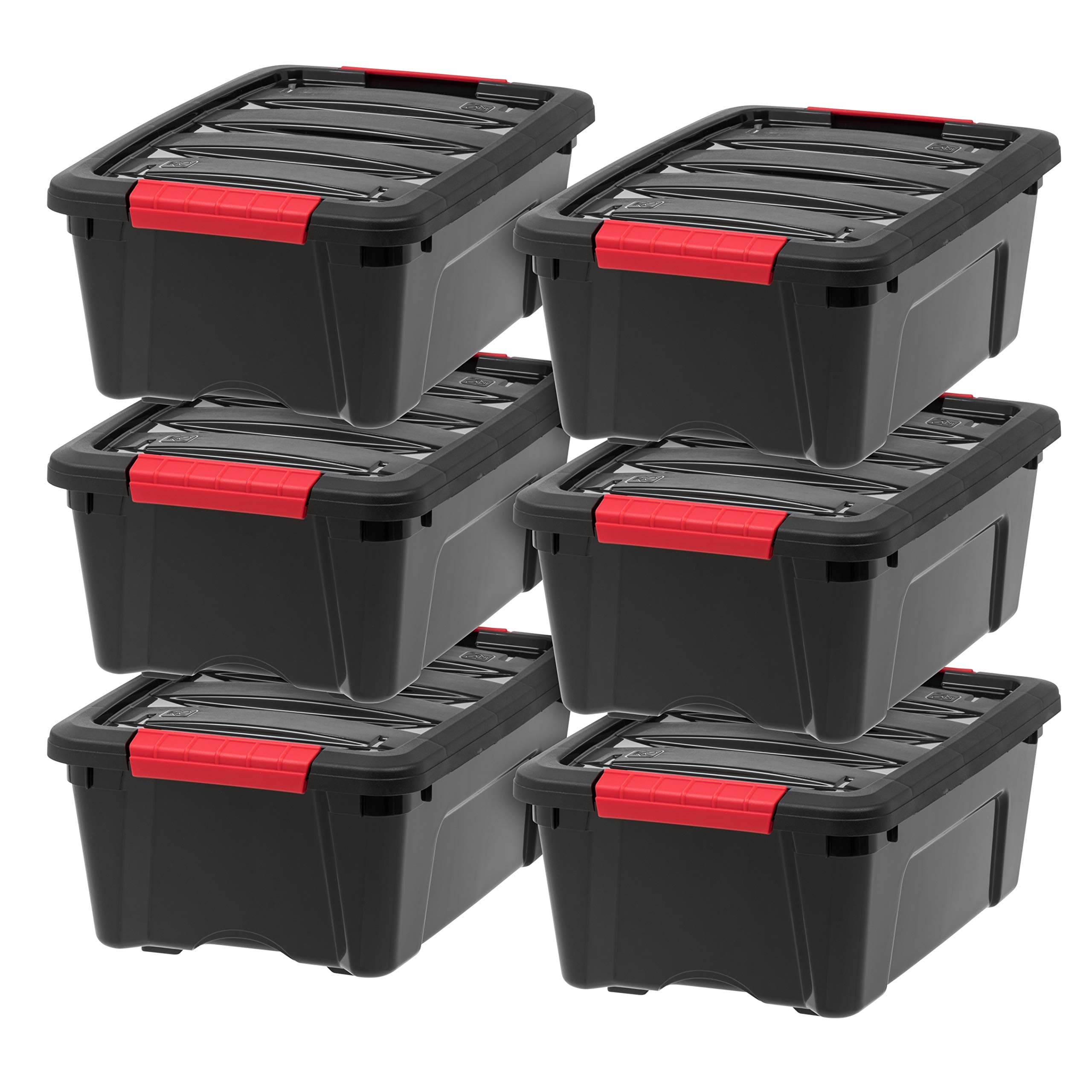 IRIS USA 13 QT Plastic Storage Box with Lid and Latches - 6 Pack - BPA-Free, Garage Organizing Solution, Durable Nestable Stackable Containers, Secure Pull Handle - Black