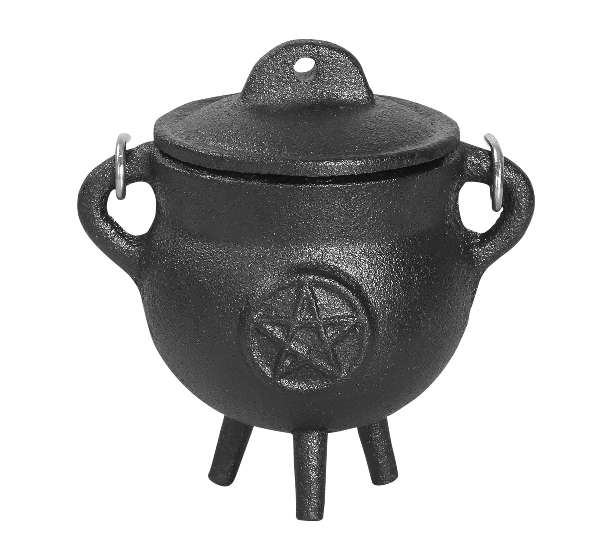 Cauldron -3.5 Inch Pentagram Pentacle Cast Iron Cauldron with Lid and Handle - Perfect Incense Smudge Kit Sage Holder Altar Ritual Burning Holder