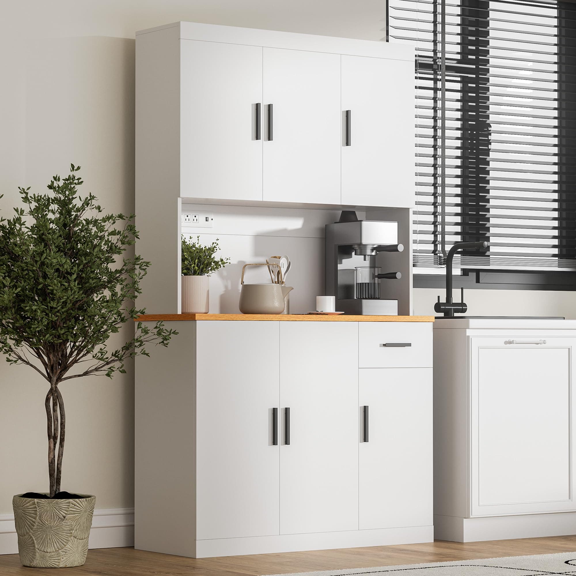 White Kitchen Pantry Cabinet, 71" Tall Kitchen Storage Cabinet with Power Outlet, Freestanding Kitchen Hutch with countertop