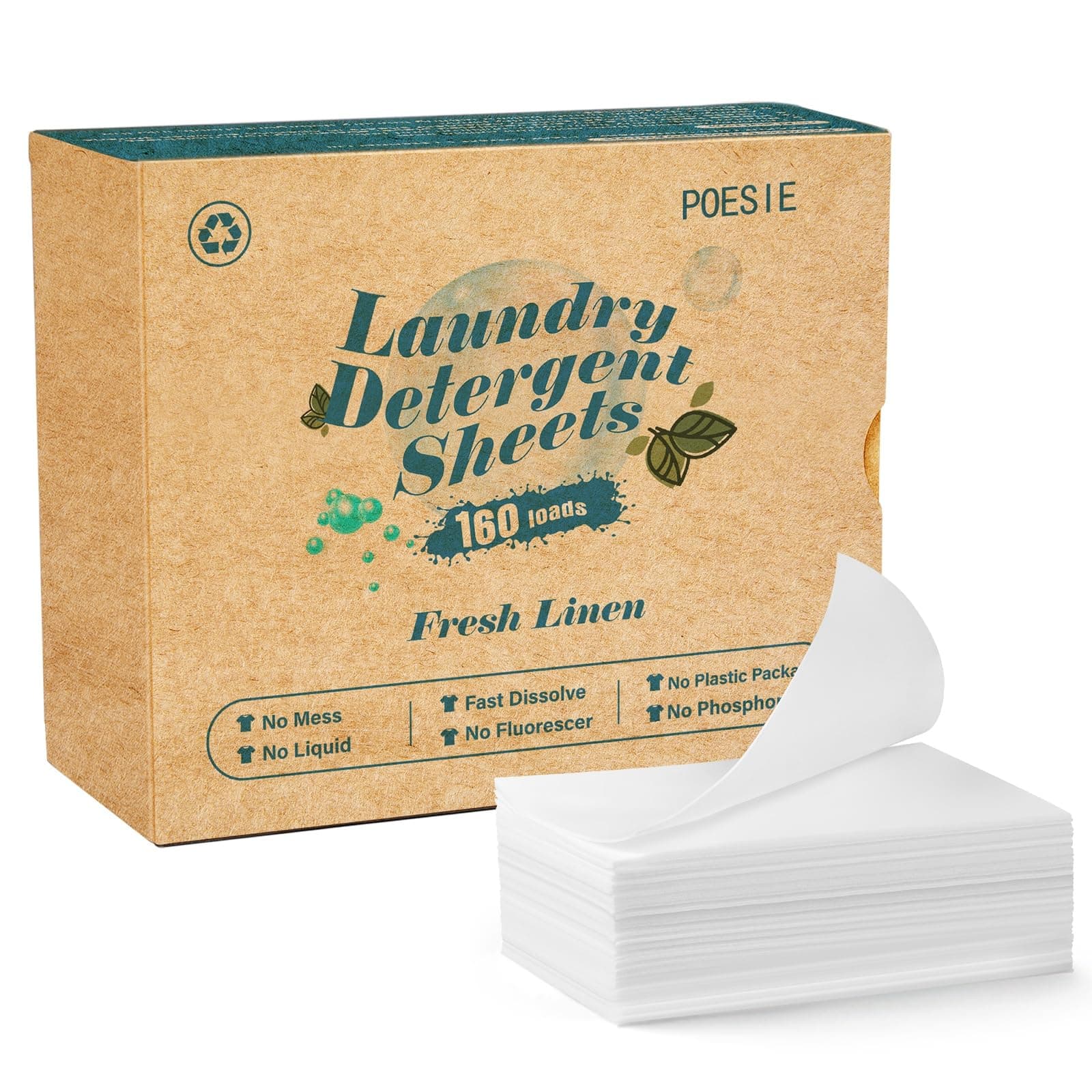 Laundry Detergent Sheets Fresh Linen Scent 160 Sheets 80 Large Loads Plastic Free Fast Dissolve Washing for All Washing Machine Traveling Dorm Life Save Space