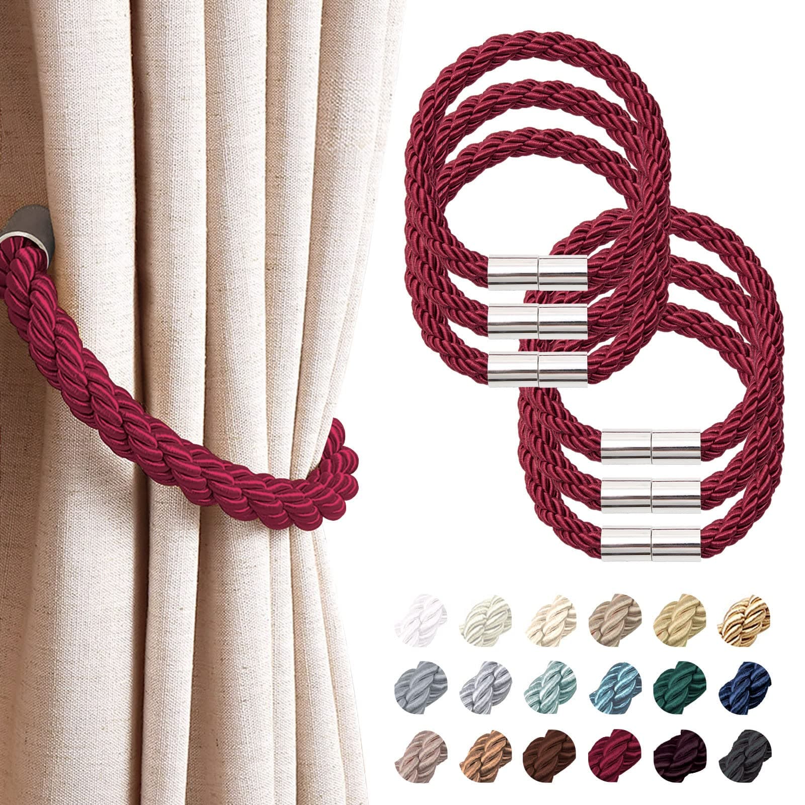 NICEEC 6 Pack Strong Magnetic Curtain Tiebacks Modern Simple Style Drape Tie Backs Convenient Decorative Weave Rope Curtain Holdbacks for Thin or Thick Home & Office Window Draperies (Wine Red)