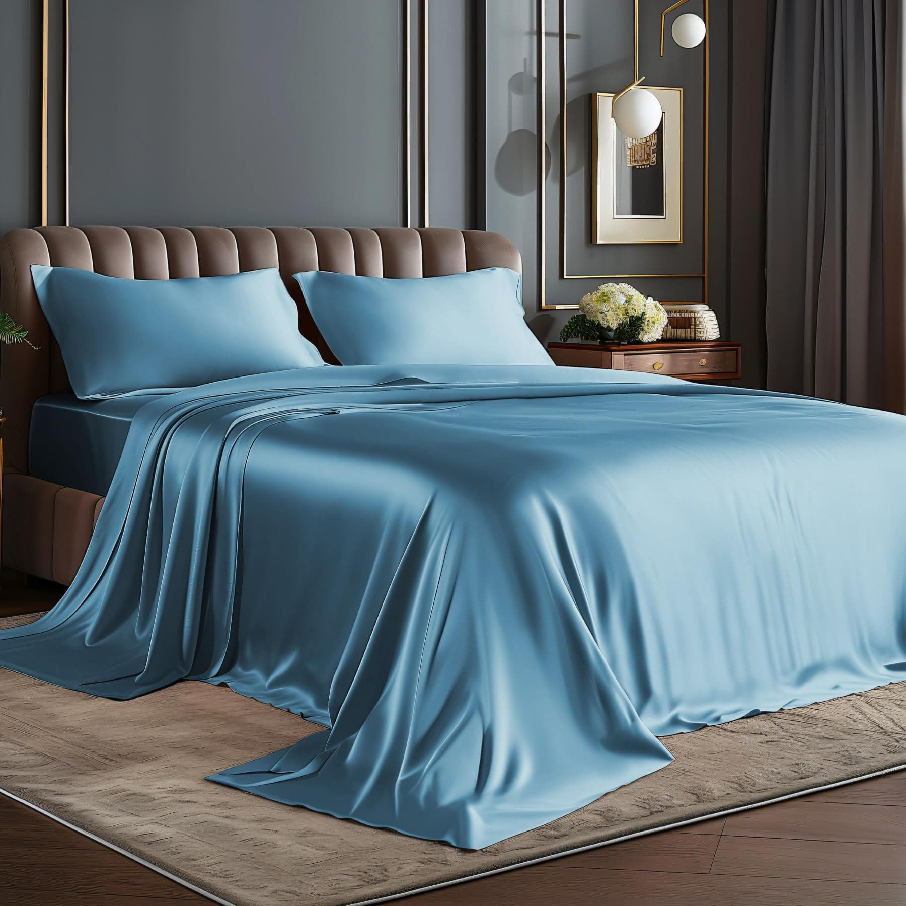 BEDELITE Satin Sheets Full Size Bed Set, Luxury Soft Airy Blue Silky Sheets for Hair and Skin, Similar to Silk Bed Sheets Set 4 Pieces with 1 Deep Pocket Fitted Sheet, 1 Flat Sheet, and 2 Pillowcases