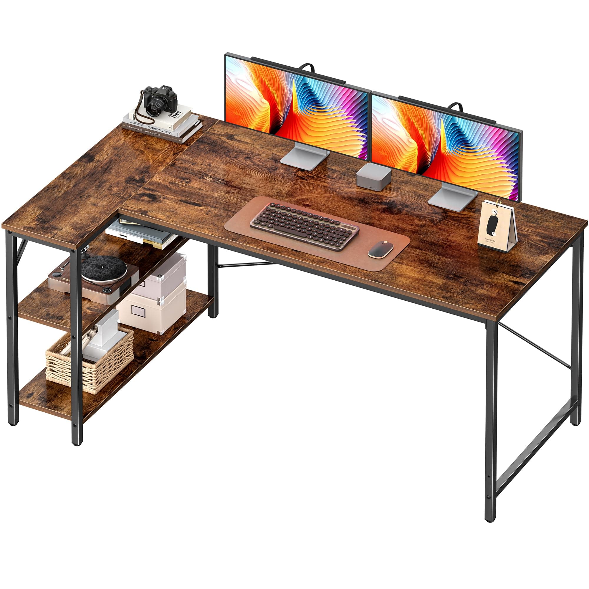 L Shaped Desk, 55 Inches Computer Desk with Reversible Storage Shelves, for Gaming Corner Home Office Writing Study, Metal Frame, Rustic Brown