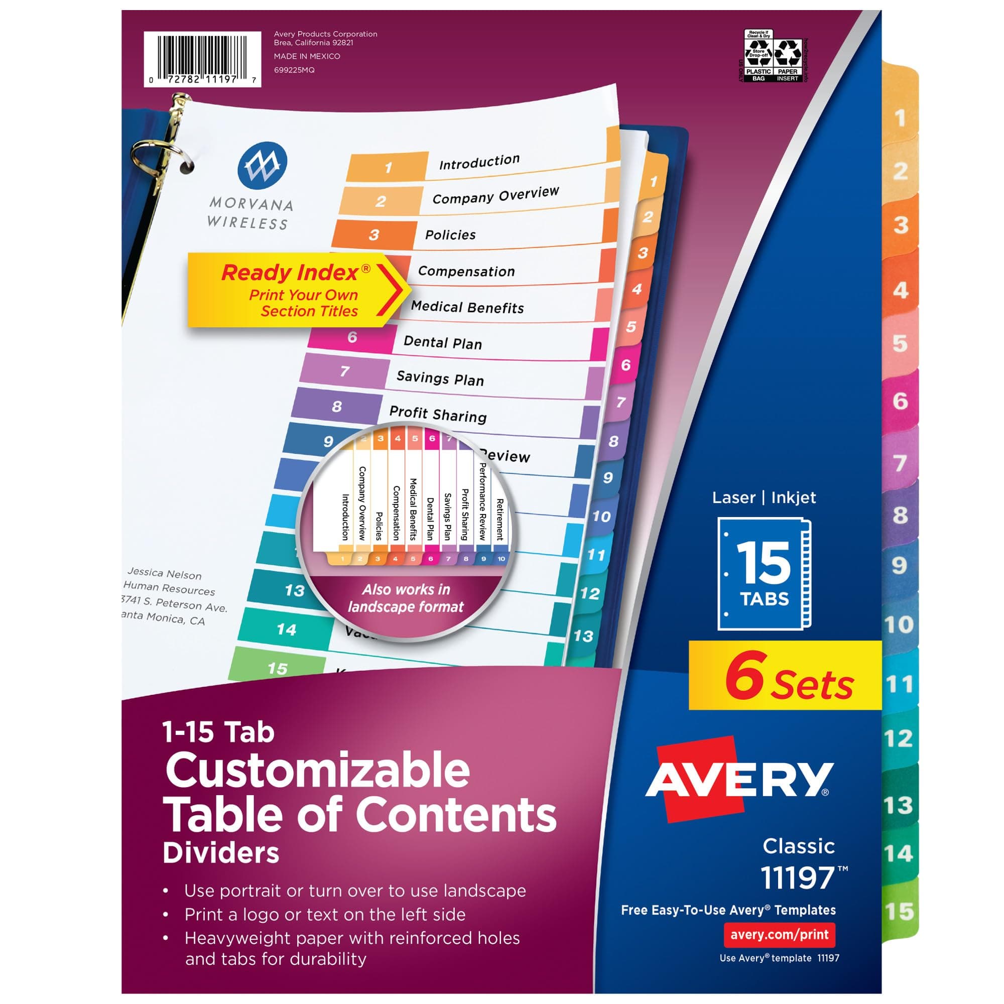 Avery 15 Tab Dividers for 3 Ring Binders, Customizable Table of Contents, Multicolor Tabs, 6 Sets (11197)