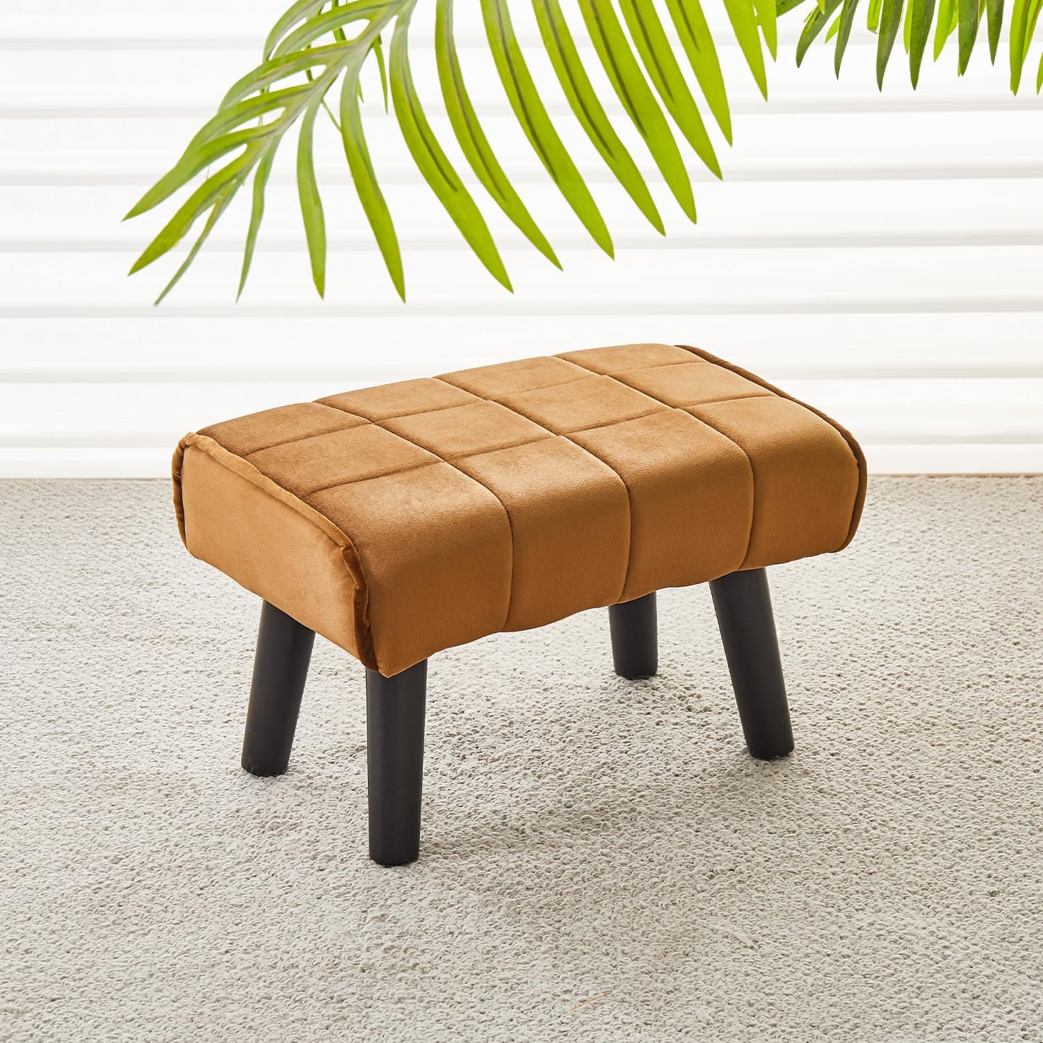 Cpintltr Small Foot Stool Ottoman Modern Accent Step Stool Seat with Solid Wood Legs Velvet Soft Padded Pouf Ottomans Sofa Footrest Stools 16 inch for Couch Living Room Bedroom Entryway Brown
