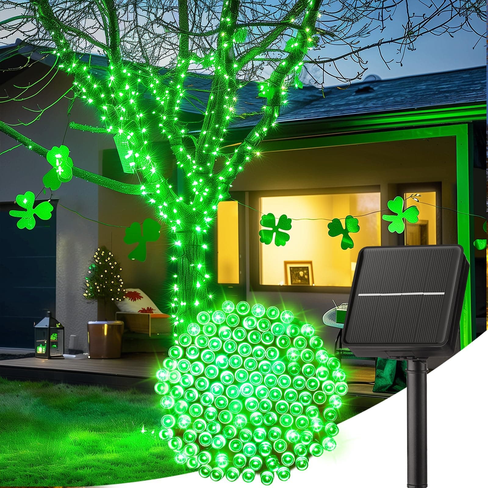Minetom Solar String Lights Outdoor, 40FT 100 LED String Lights Solar Powered with 8 Lighting Modes, Green String Lights for St Patrick Decoration, Waterproof Solar Lights for Outside Tree Yard, Green