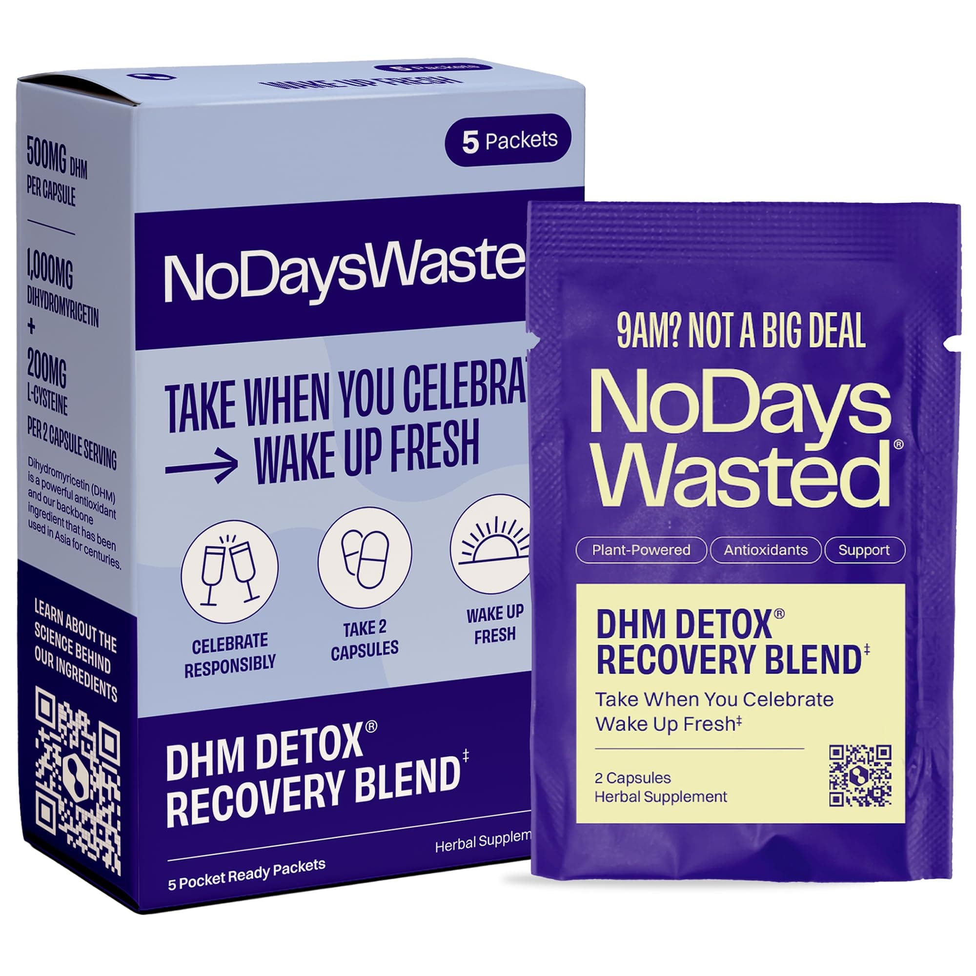 No Days Wasted DHM Detox 5 Portable Servings - Optimized Blend of DHM (Dihydromyricetin Supplement) and Vitamins to Take During Evening for Better Next Day and Recovery