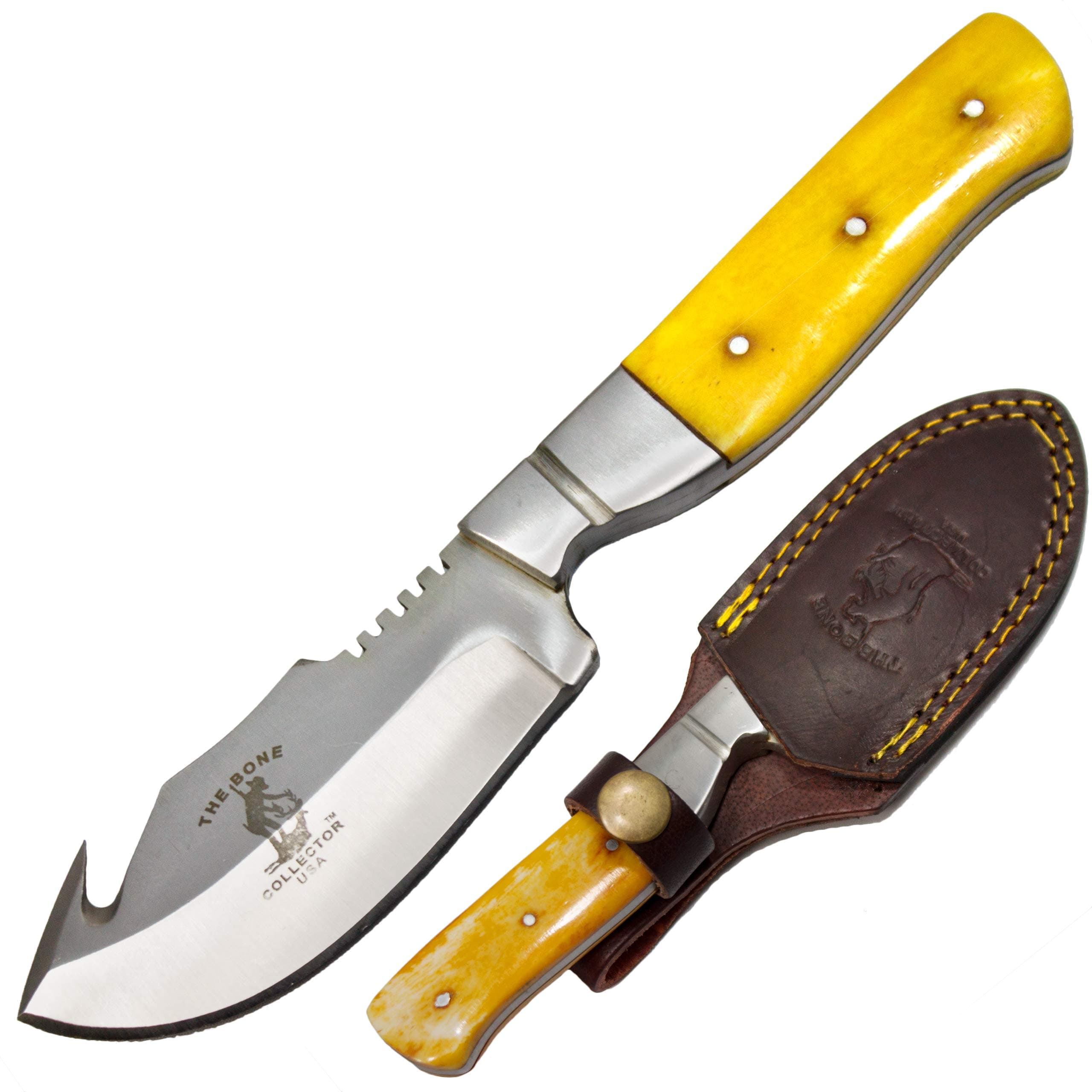 Bone Collector 7.5" Yellow Bone Gut Hook Blade Skinning Hunting Knife Full Tang with Leather Sheath