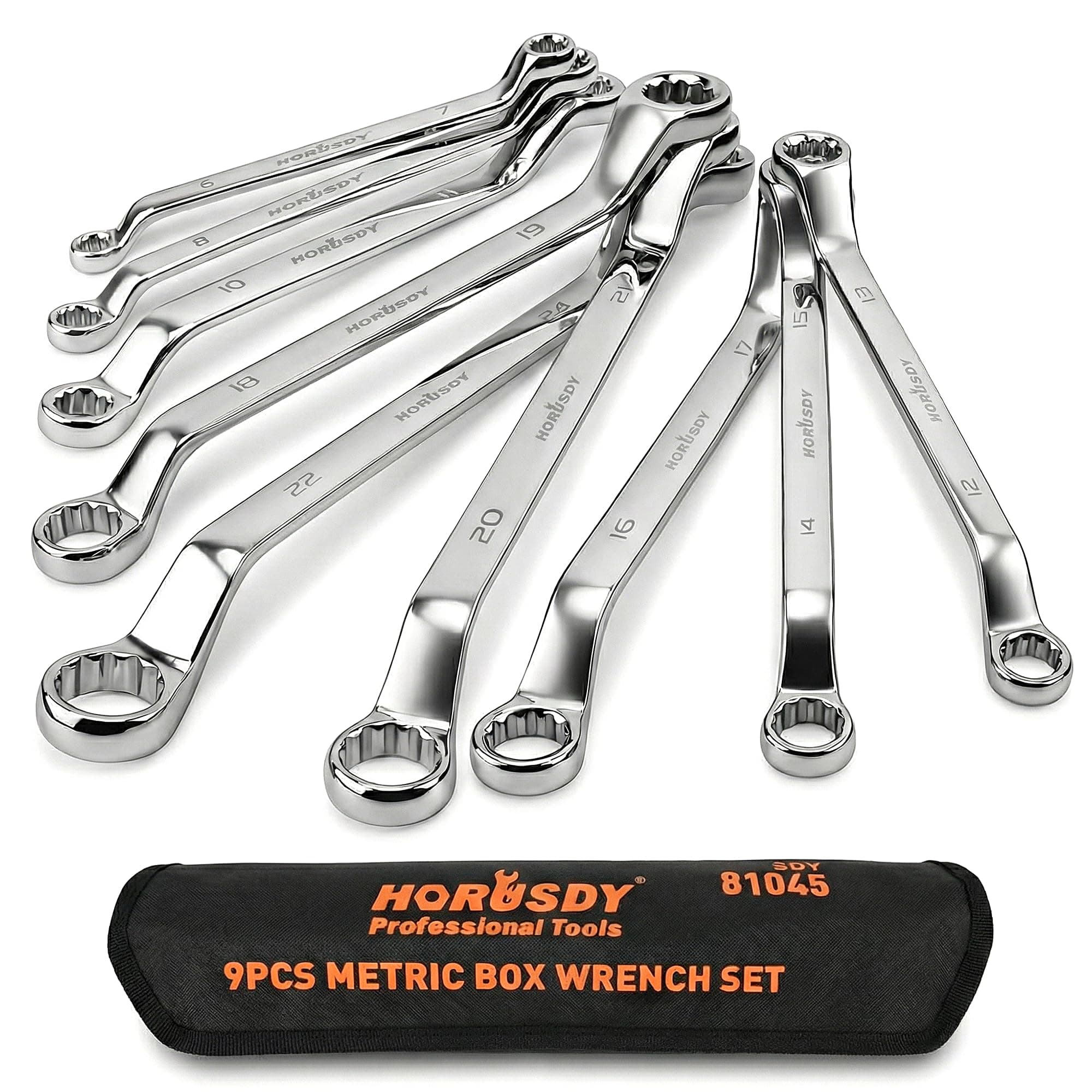 HORUSDY 9-Pieces Metric Offset Box Wrench Set with Rolling Pouch, 50-Degree, Metric 6-24mm, CR-V Steel
